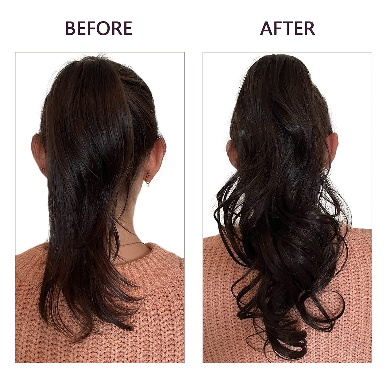 Runature Brown Ponytail Human Hair Extensions 18 Inch Long Real Hair Ponytail Extension With Magic Paste Brazilian Straight Wrap
