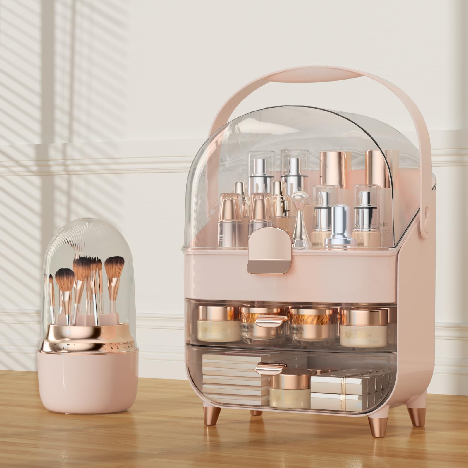 CLBDRESS Makeup Organizer Countertop, Makeup Brush Holder with Lid & Drawers, Bathroom Vanity Organizer and Storage, Make Up Org