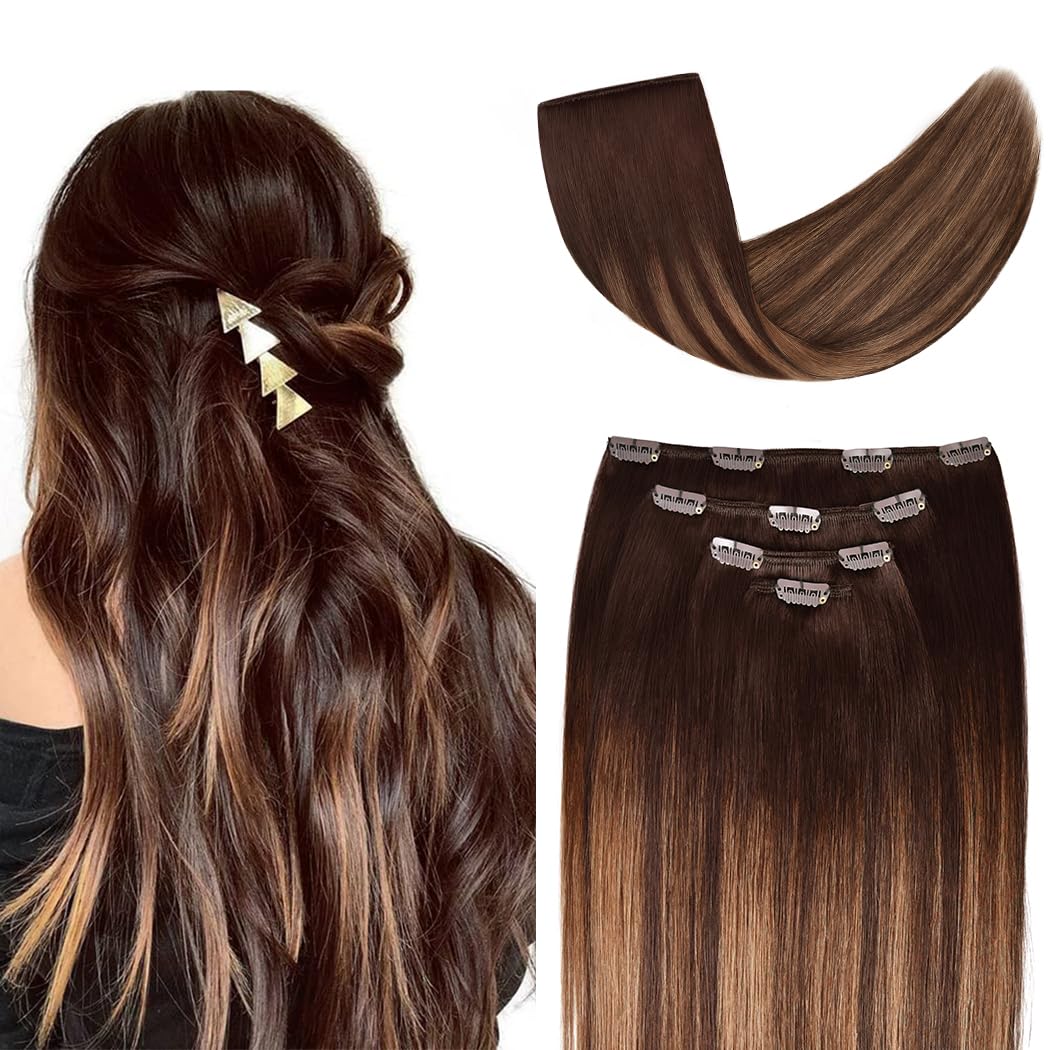 20 '' Clip In Hair Extensions Remy Human Hair Brown Balayage For Women - Silky Straight 100% Real Human Hair 75Grams 4Pieces #2T