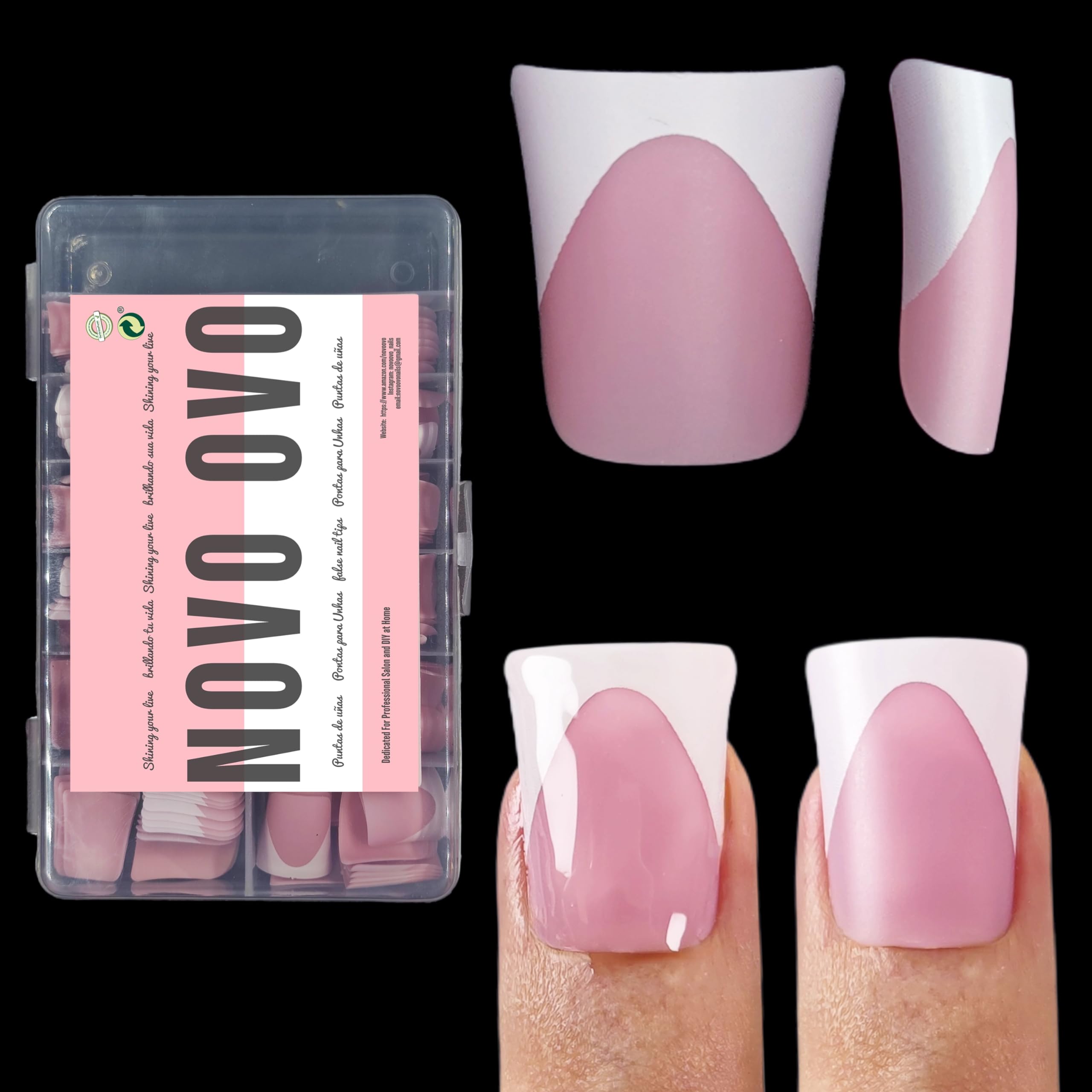 NOVO OVO French Tip Short Duck Nail Tips Press on, Pre-designed Soft Gel Nail Extension, BERRY PINK Pre-applied Tip Primer & Bas