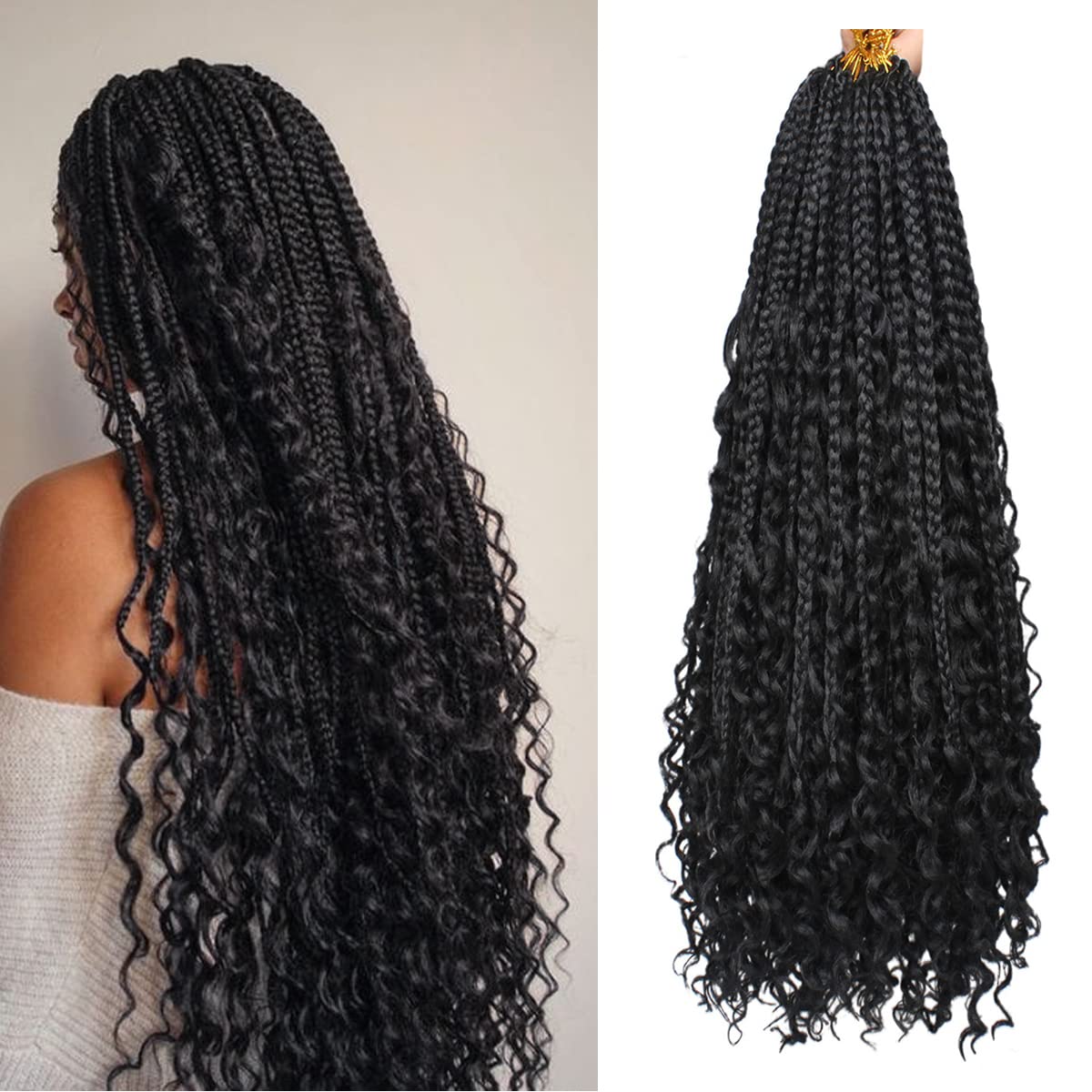 COOKOO 22 Inch Goddess Box Braids Crochet Hair for Women 8 Packs Synthetic Hippie Pre Looped Bohemian Boho Box Braids With Curly