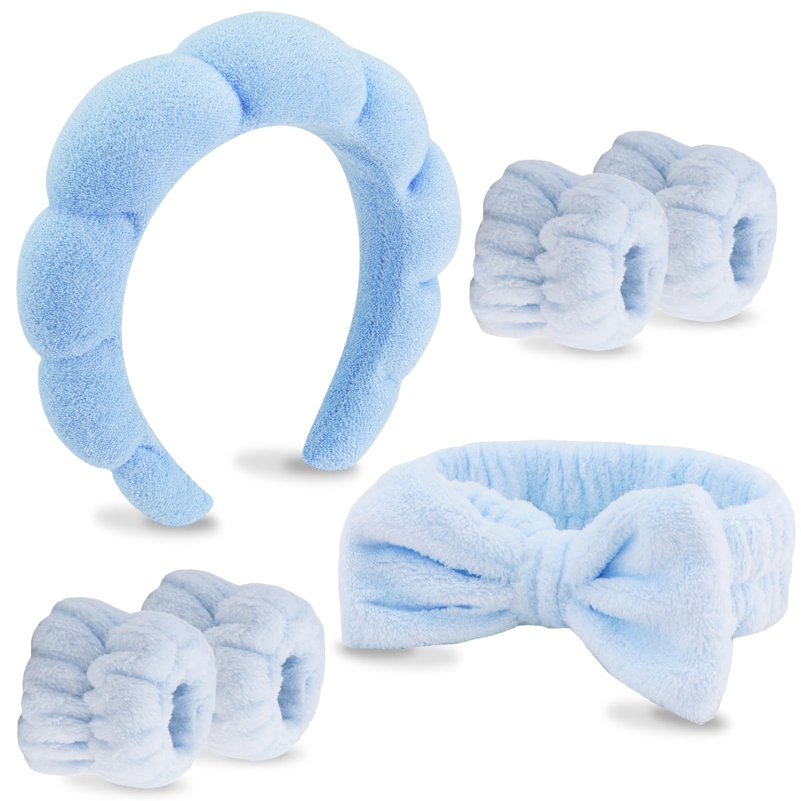 VELSCRUN 6 Pack Spa Headbands - Makeup, Face Wash, Skincare Hair Accessories With Blue Sponge Bow Tie Wristbands, Women's Gift S