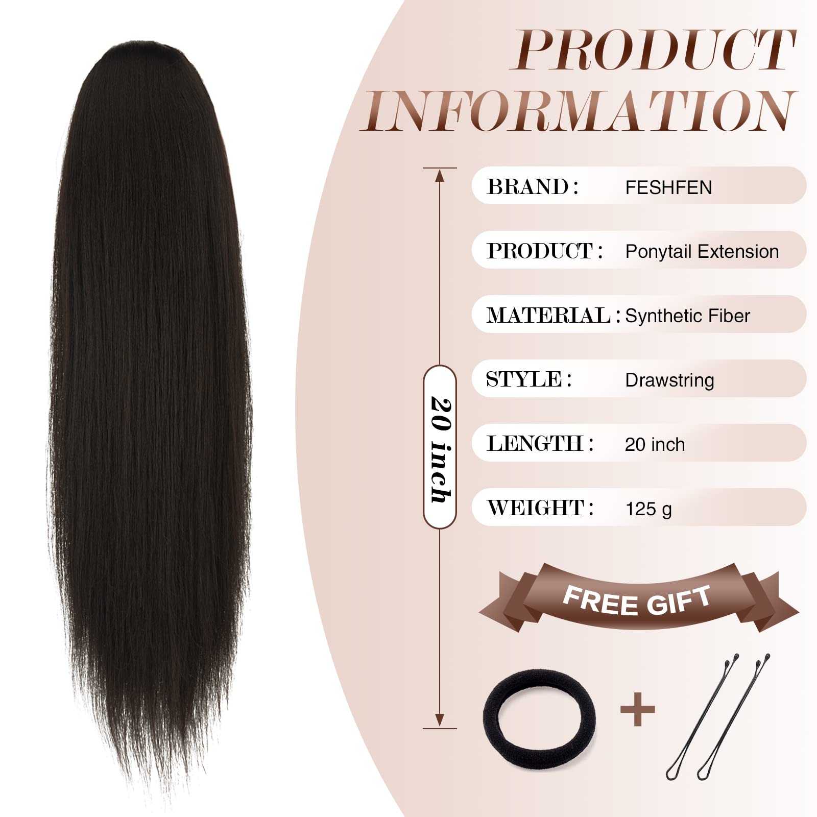 FESHFEN Drawstring Ponytails Extension Long Straight Pony Tails Natural Synthetic Hair Piece Clip in Ponytail Hairpieces for Wom