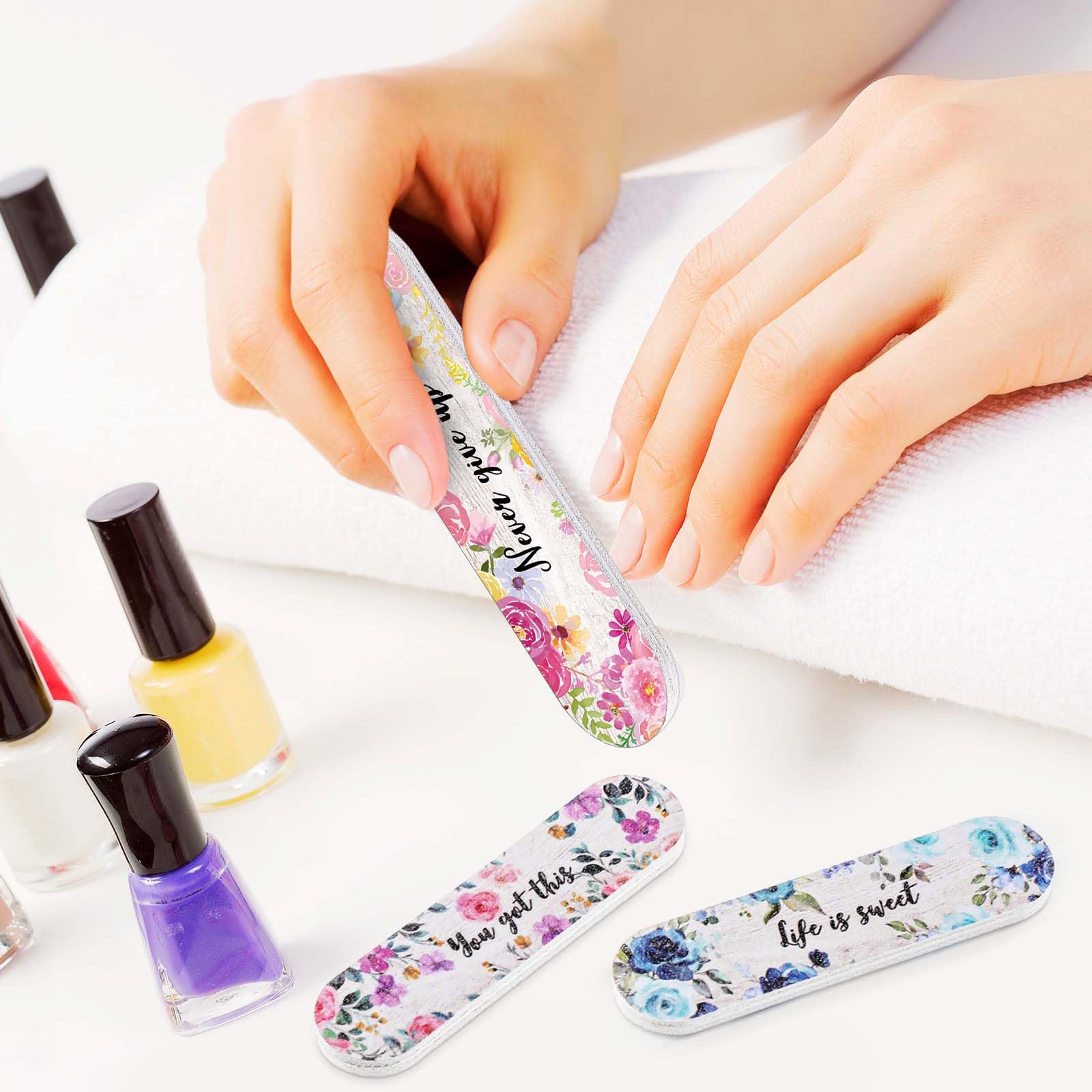 Teenyyou 60 Pcs Mini Nail Files Inspirational Gifts for Women Motivational Floral Double Sided Emery Boards Manicure Tools Siste
