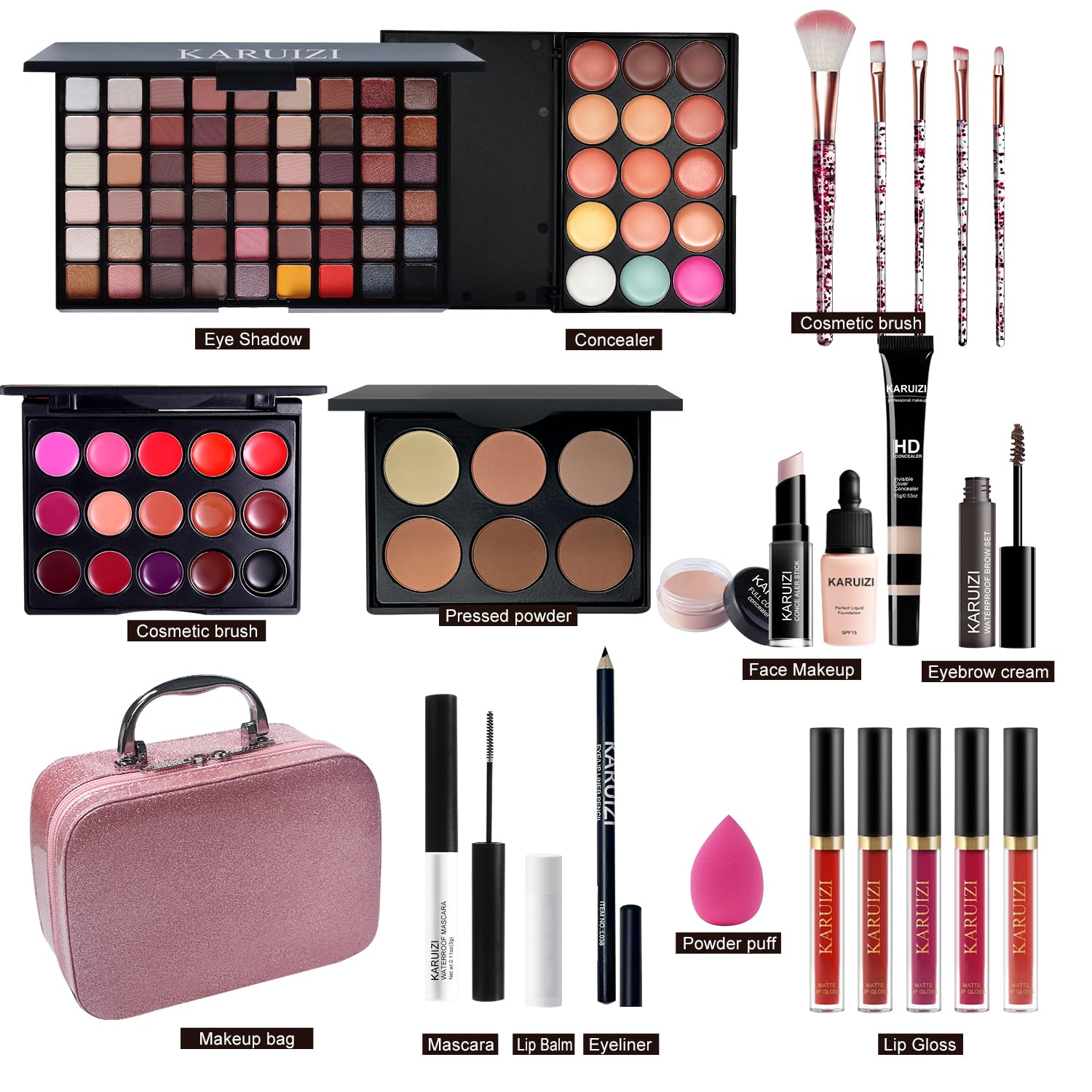 Karuizi All In One Makeup Kit,Makeup Kit For Women, Teens And Girls, All-In-One Set With Eyeshadow Palettes, Lipsticks, Brushes,