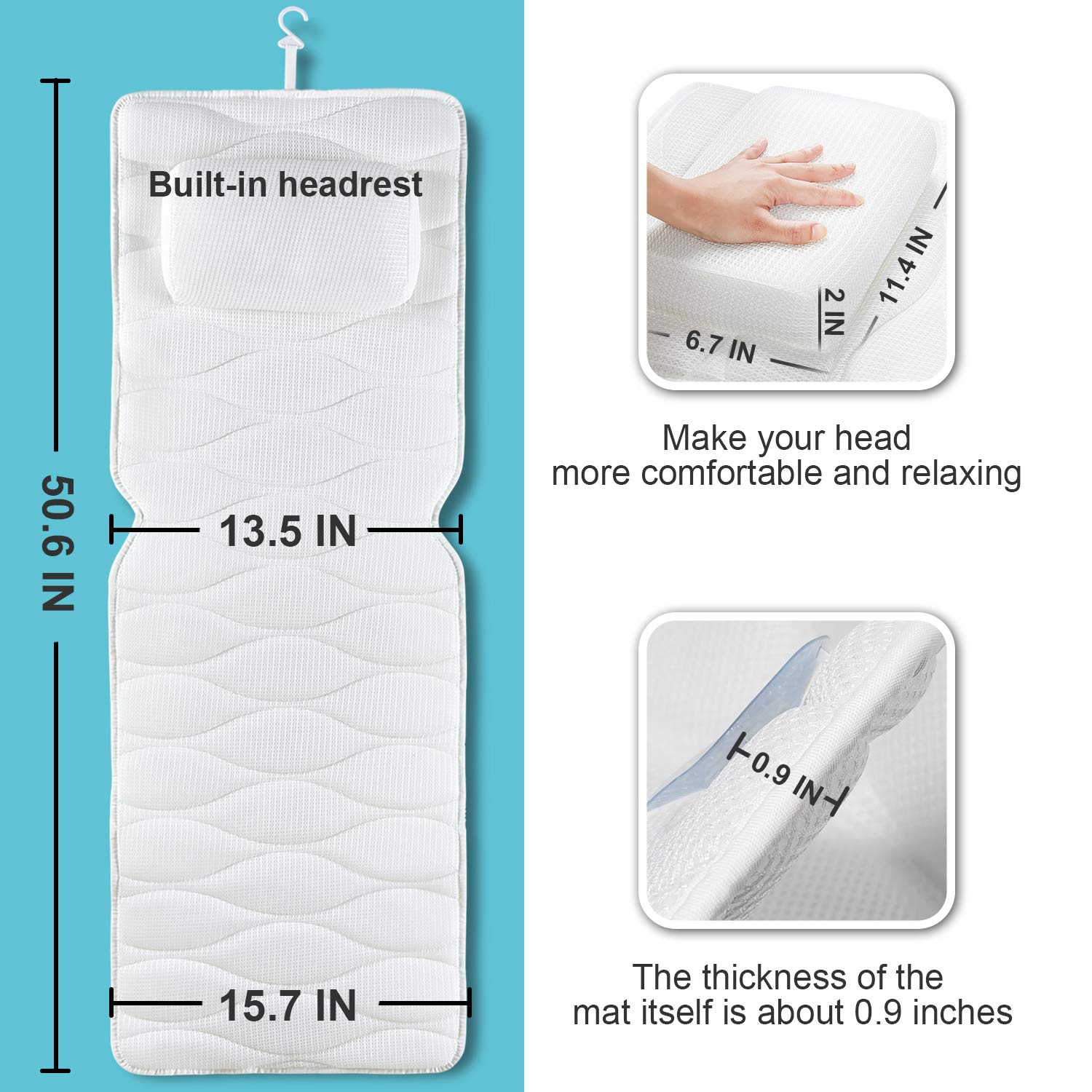 Full Body Bath Pillow, Bath Pillows For Tub With Mesh Washing Bag & 21 Non-Slip Suction Cups, Spa Bathtub Pillow For Head Neck S