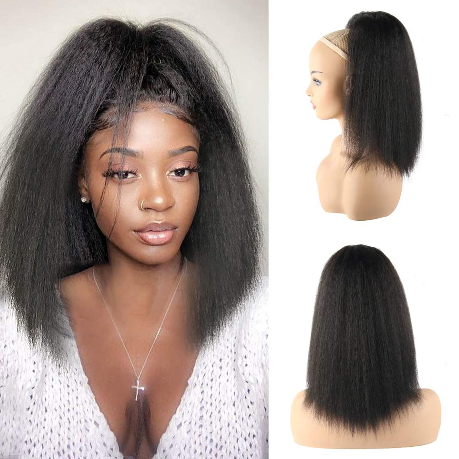 LEOSA Kinky Straight Ponytail for Women Ombre Drawstring Ponytail Extension Synthetic Burgundy Pony tails Hair Extensions Short 