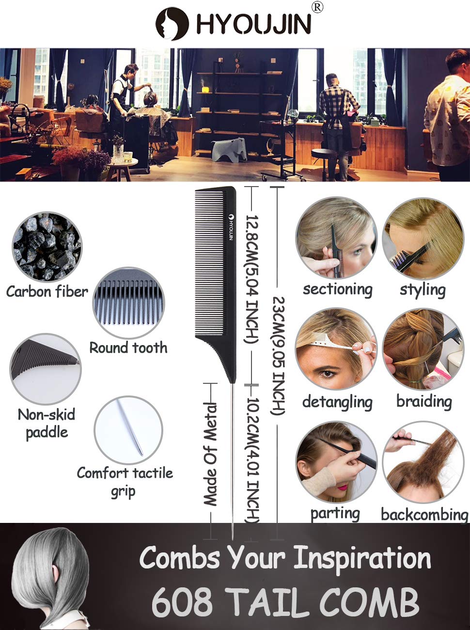 Hyoujin Carbon Hair Rat Tail Combs Parting Rattail Combs Teasing Fine Tooth Comb Metal Hair Pick Detangling Combs For Women For