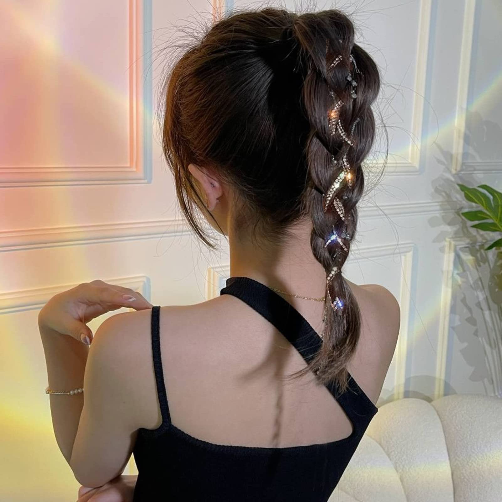 Niceneeded 6Pcs Rhinestone Hair Chains For Women, Punk Crystal Tassel Hair Clips Chains, 18.5 Inch Long Rhinestones Hair Barrett