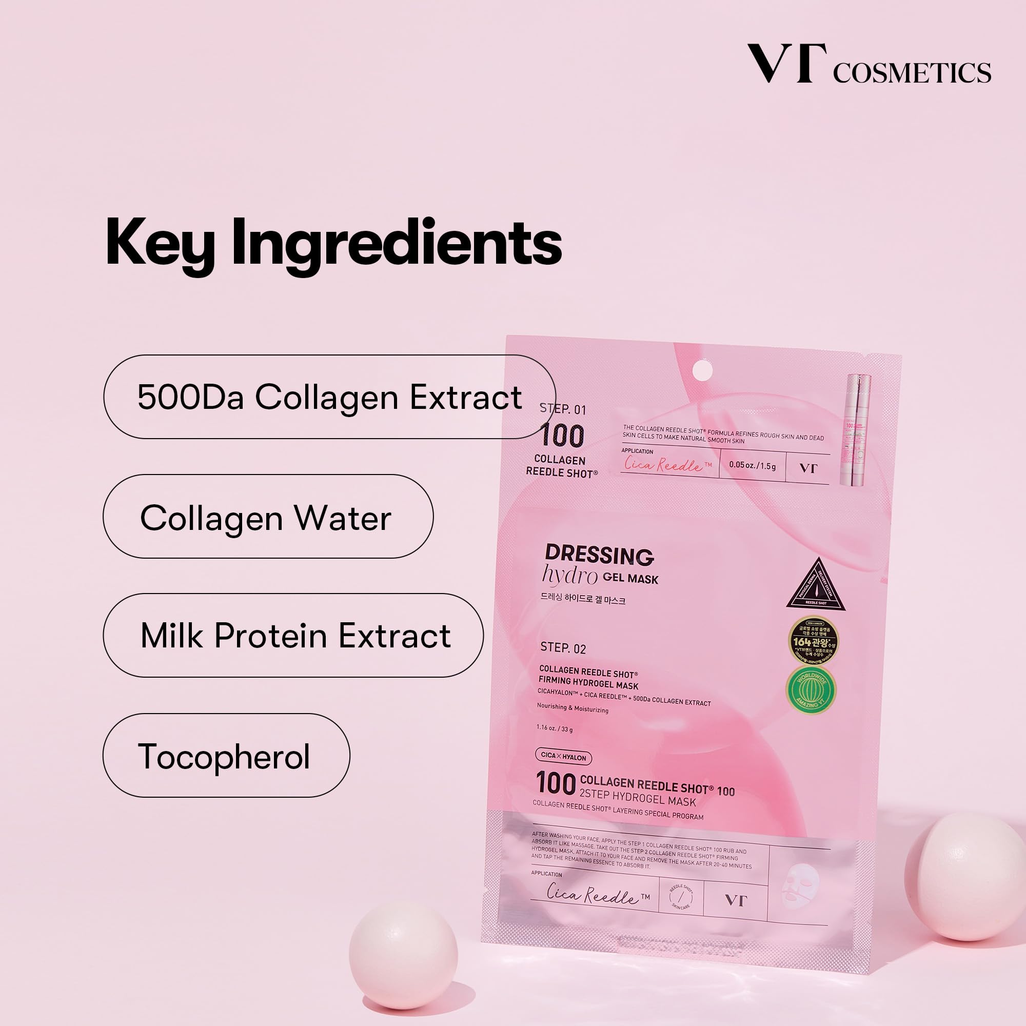 VT COSMETICS Collagen Reedle Shot 100 2-Step Hydrogel Mask, Intensive Firming, Exosome Collagen, Pack of 4, Korean Facial Mask