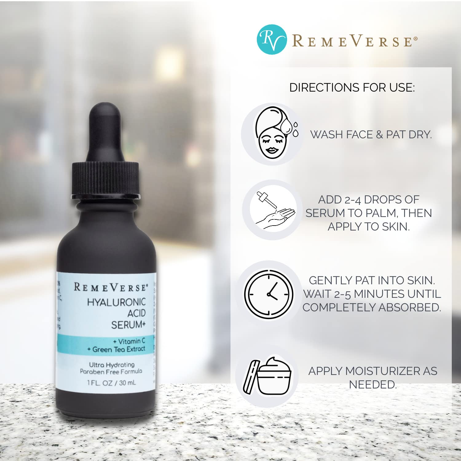 RemeVerse Hyaluronic Acid+ Serum 1 oz, 100% Pure Medical Grade Clinical Strength Hyaluronic Acid with Vitamin C and Green Tea Ex