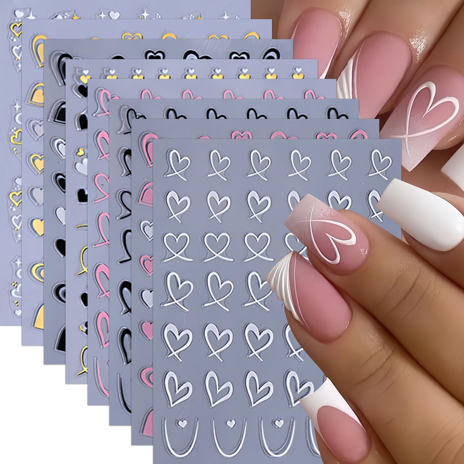 8 Sheets Heart Nail Stickers Valentine's Day Nail Art Stickers Love Hearts Nail Decals 3D Self-Adhesive Gold Black White Love He