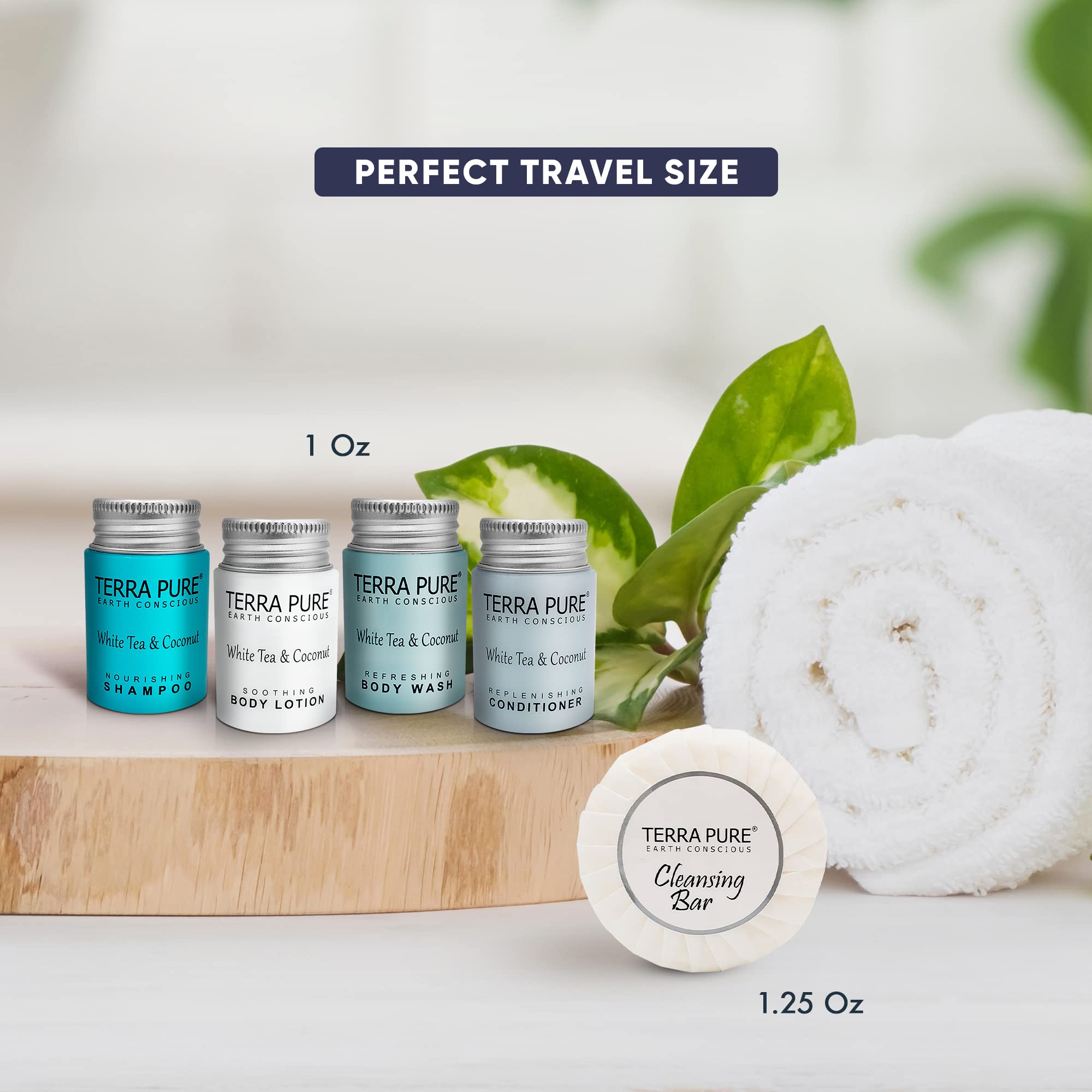 Terra Pure White Tea And Coconut Hotel Soaps And Toiletries Bulk Set |1-Shoppe All-In-Kit For Hotels | 1Oz Shampoo & Conditioner
