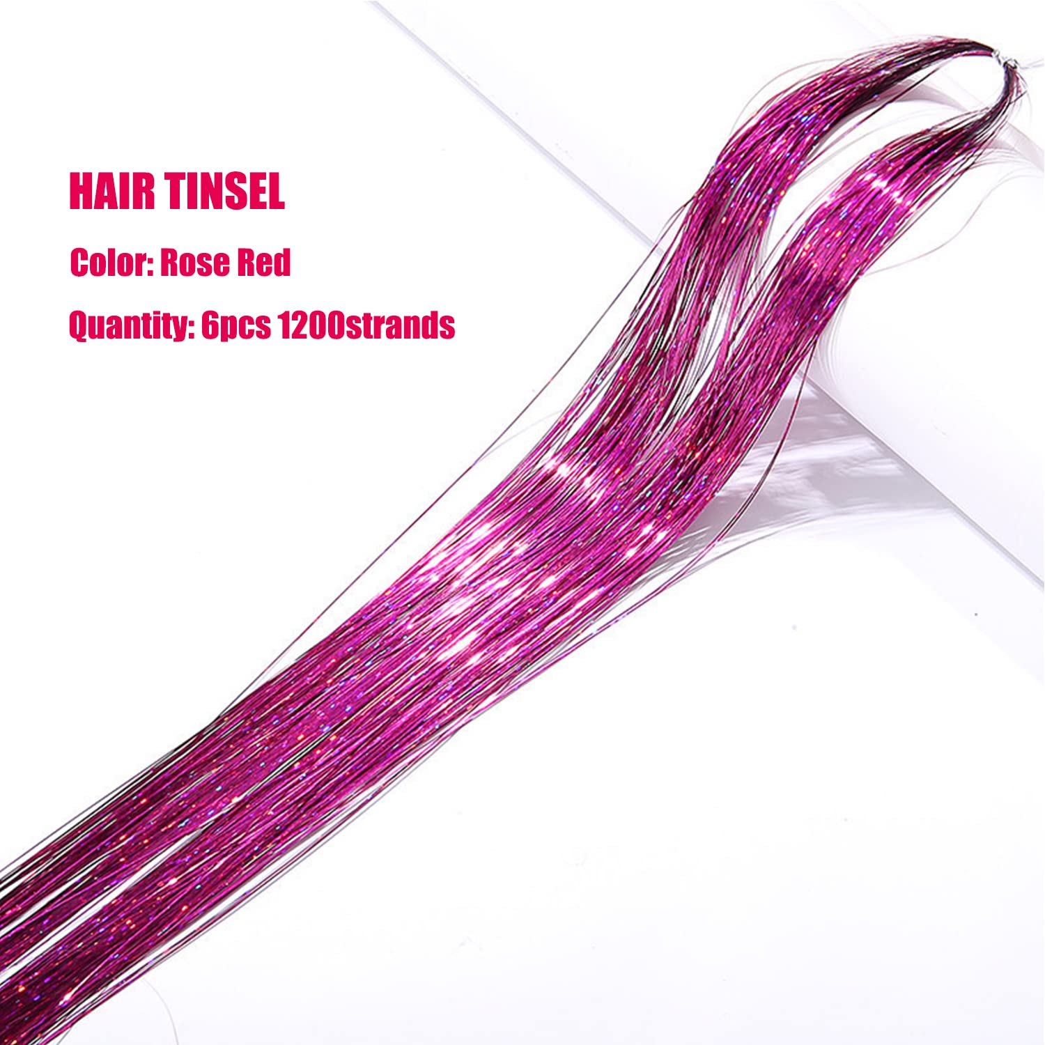 Rose Red Hair Tinsel Kit With Tool 6Pcs 1200 Strands Tinsel Hair Extensions Heat Resistant Sparkling Shiny Glitter Fairy Hair Fo