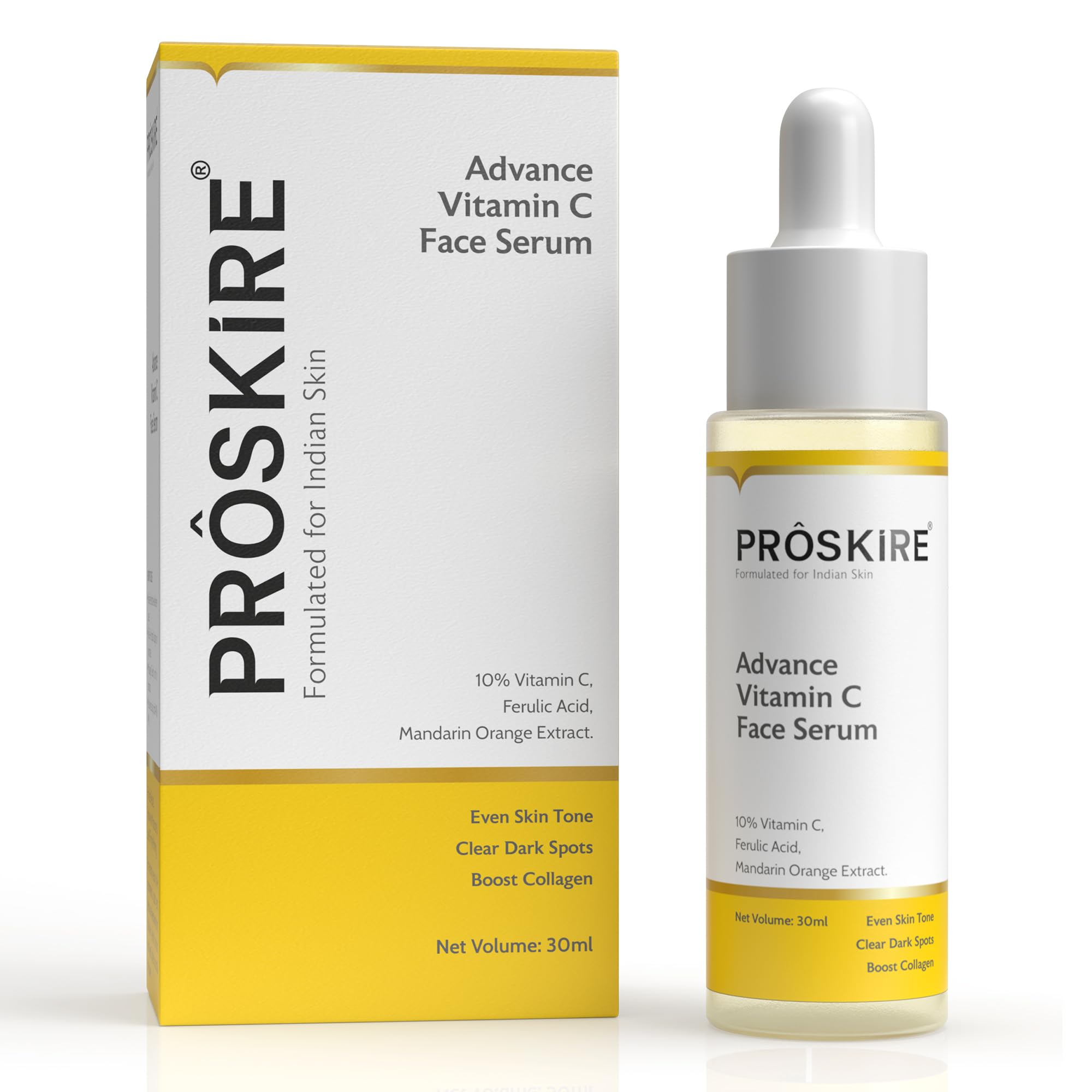 Proskire Advance 10% Vitamin C Face Serum With Ferulic & Mandarin Extract| Brightening, Dark Spot & AntiPigmentation Serum For 