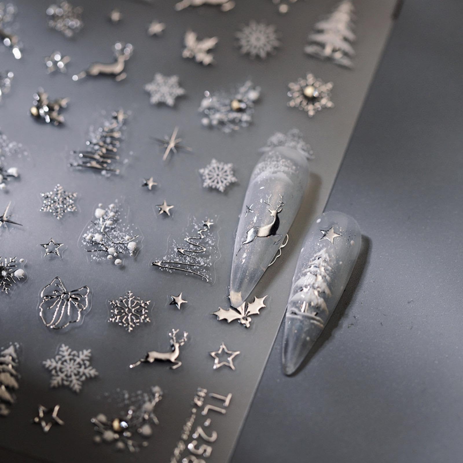Christmas Nail Art Stickers 5D Embossed Silver Elk Nail Stickers Self-Adhesive Rhinestone Snowflake Bow Xmas Tree Star Elk Nail