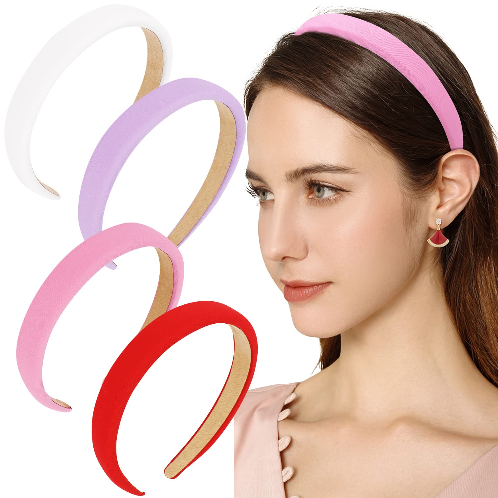 Wecoe 4pcs Headbands for Women Fashion Padded Headbands Purple Pink White Red Headband Soft Puffy Plain Comfortable Thick Headba