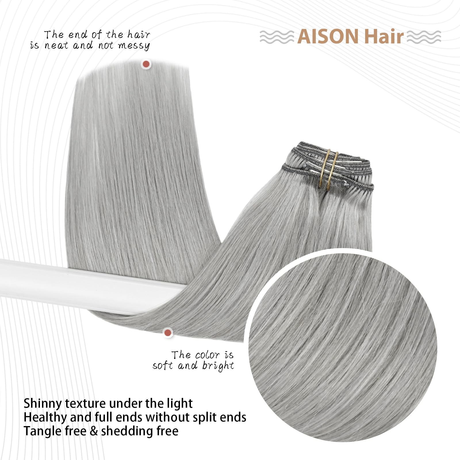 Aison Silver Clip In Hair Extensions Real Human Hair 70G Grey Remy Human Hair Clip In Extensions 18 Inch Soft Silky Straight For
