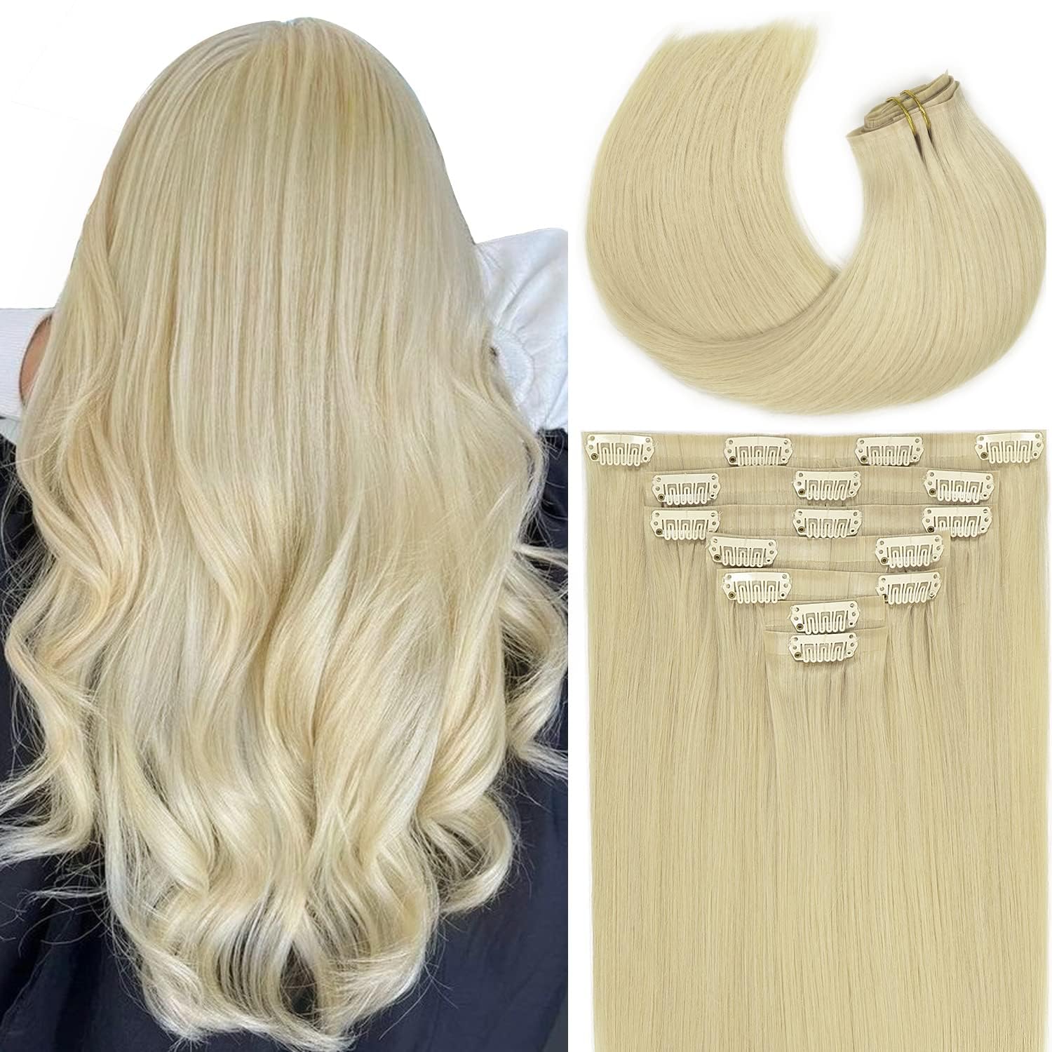 Lacer Hair Invisible Hair Extensions Clip in Human Hair Seamless #60 Bleach Blonde Clip in Hair Extensions for Women Clip In 110