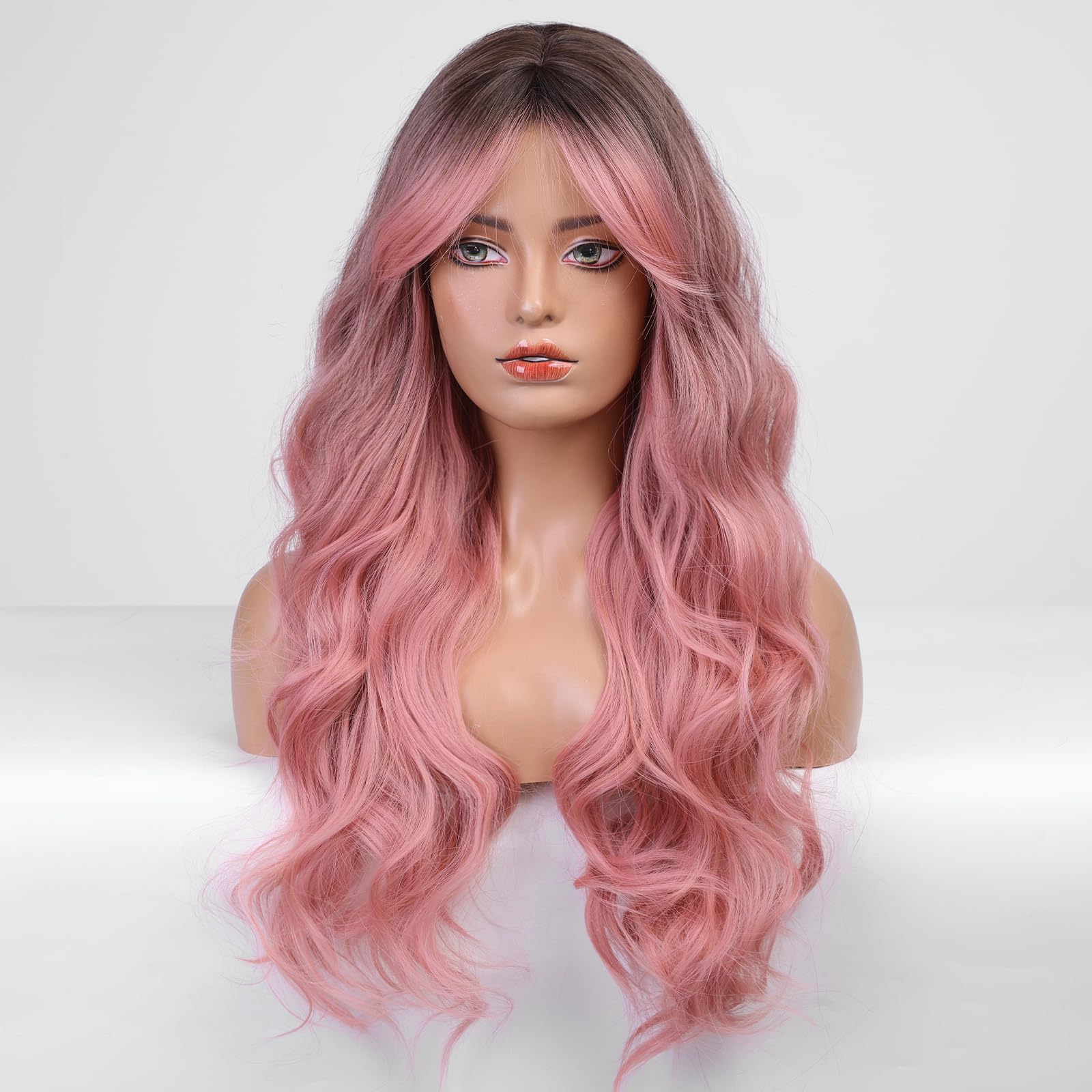 Haircube Long Pink Wavy Wig For Women Ombre Pink Wig Dark Root 26 Inch With Bangs Curly Wavy Wig Natural Looking Synthetic Heat