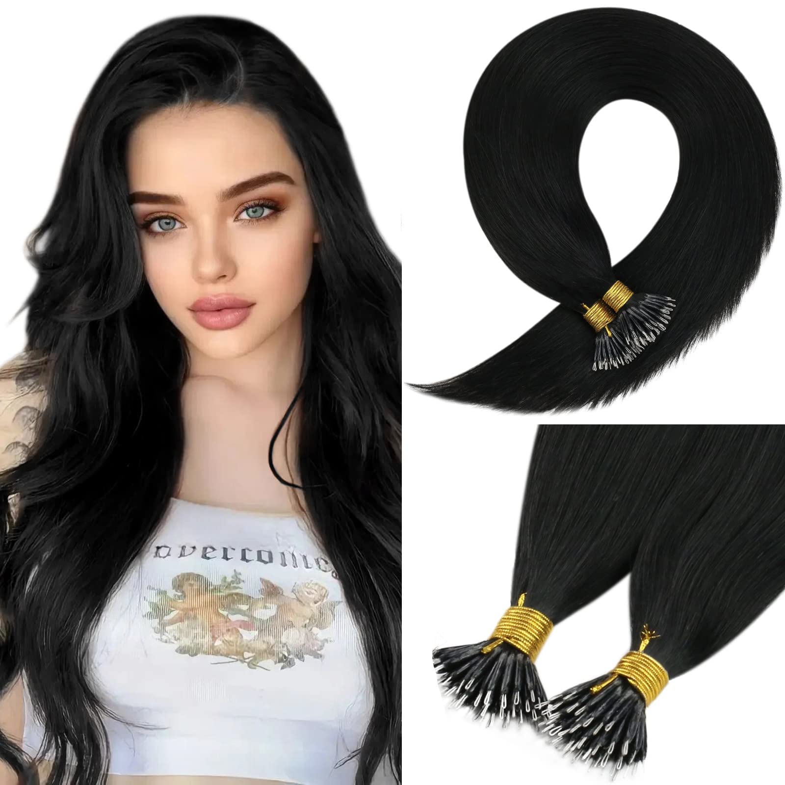 [Keep Texture] Sunny Nano Human Hair Extensions Black Nano Hair Extension Beads Jet Black Hair Extensions Nano Ring Natural-look