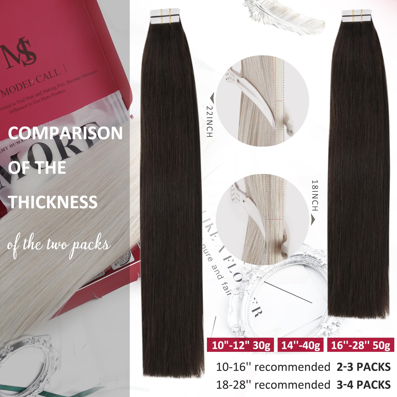 Moresoo Tape In Brown Hair Extensions Human Hair Extensions 16 Inch Invisible Pu Tape In Hair 2 Darkest Brown Glue On Brazilian