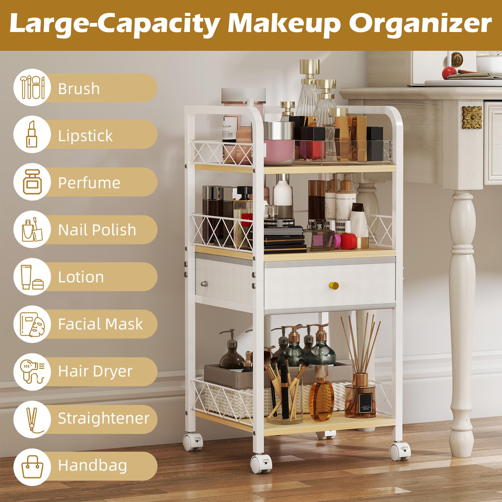 Floor Makeup Organizer Cart with Drawer,Rolling Bathroom Organizers and Storage,Versatile Skincare Perfume Storage Vanity Organi