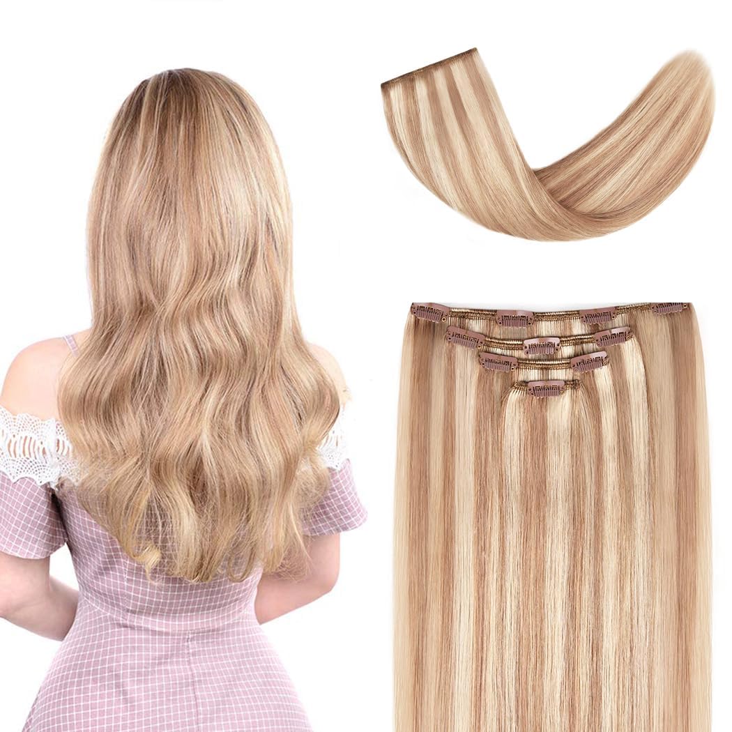 22'' Hair Extensions Clip in Human Hair for Women - Silky Straight Remy Real Long Human Hair Clip on 90grams 4pieces #18-613 Col