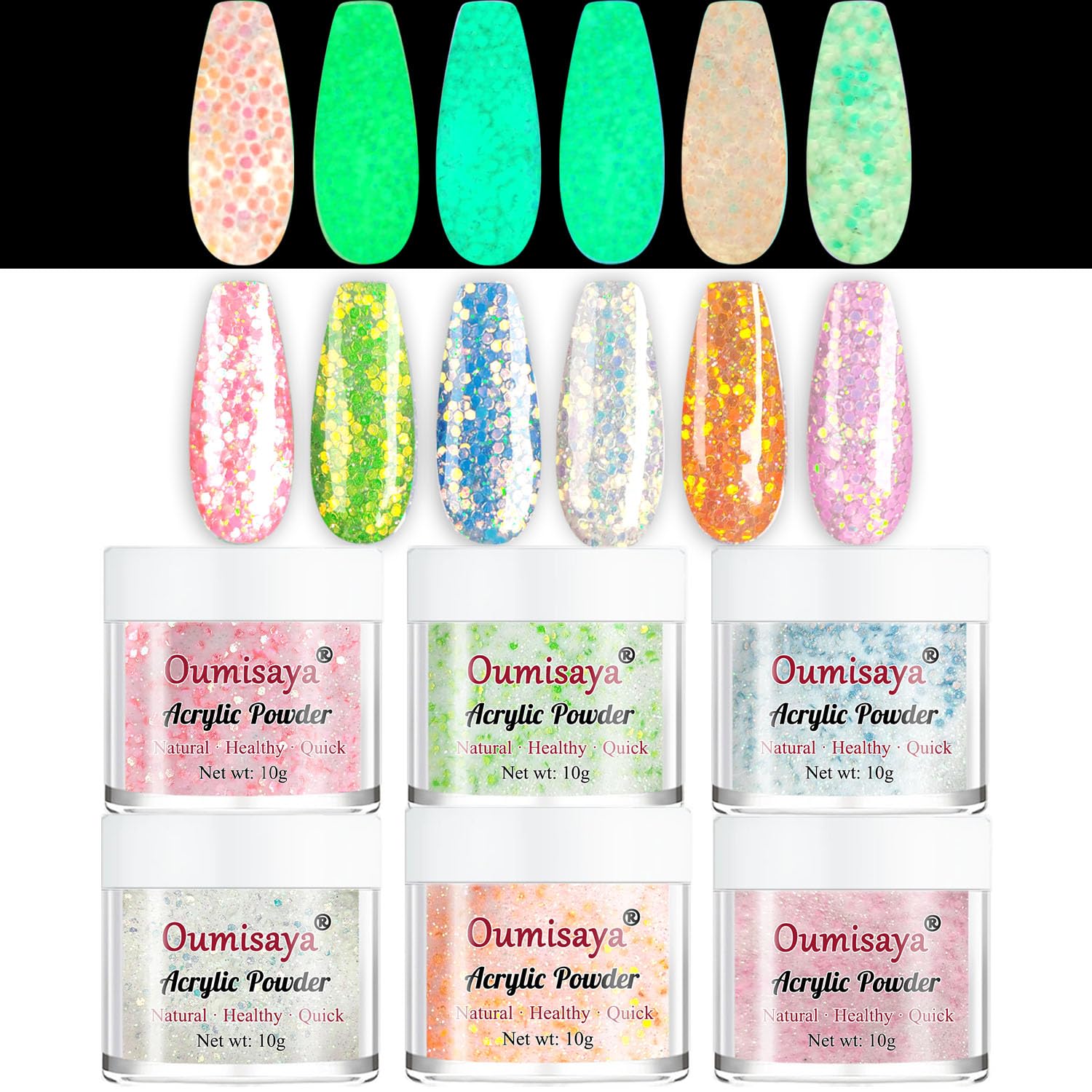 OUMISAYA Super Bright Glow in the dark Glitter Nail Acrylic Powder 6 Colors Set APG060 Pink White Blue Green Orange Colors Colle