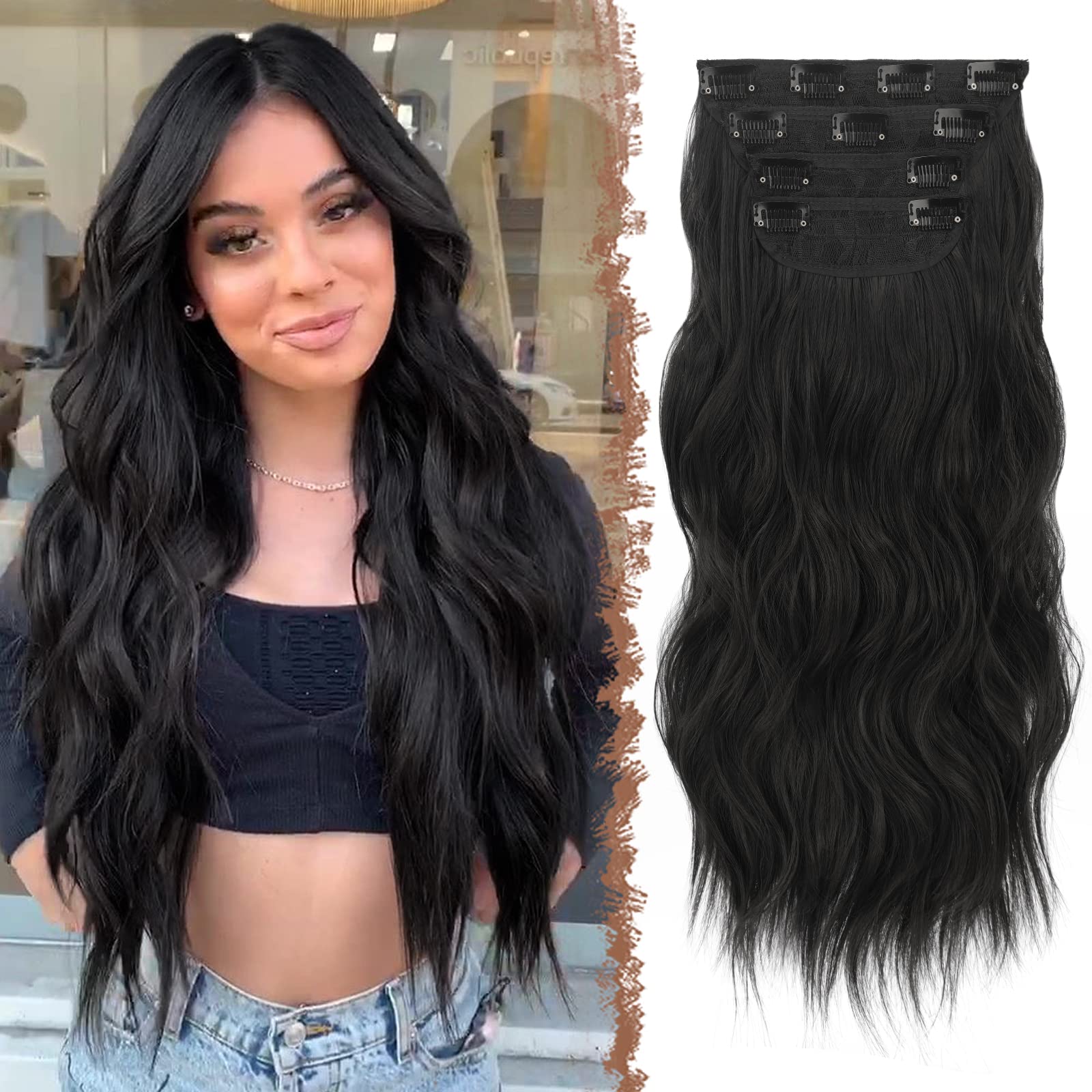 FESHFEN Clip in Hair Extensions - 4 PCS Long Wavy Thick Clip in Hairpieces Full Head Soft Synthetic Hair Extension for Women, Na