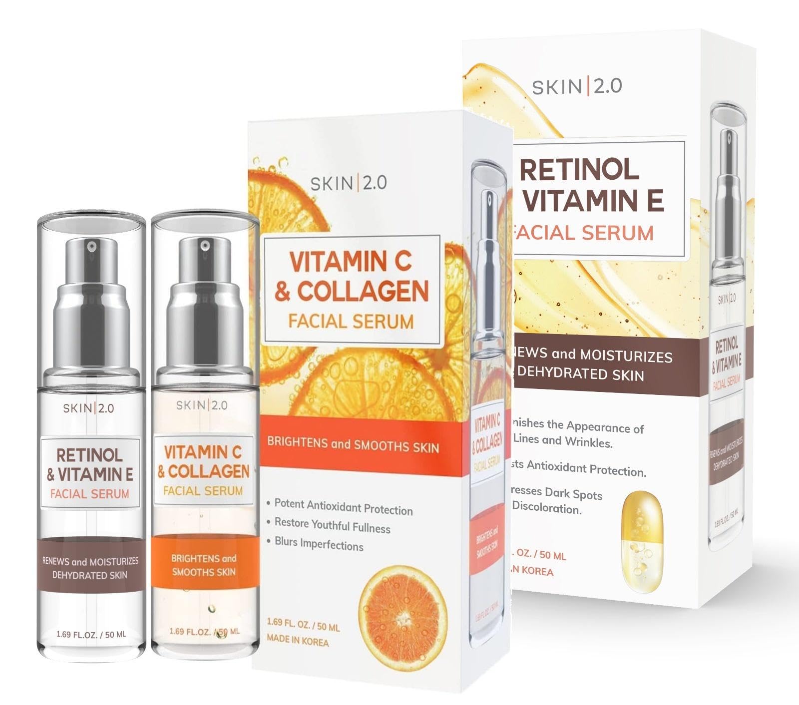 Vitamin C & Collagen + Retinol & Vitamin E Facial Serum - Day & Night Duo Set - For Dark Spots & Skin Brightening - Anti Aging &