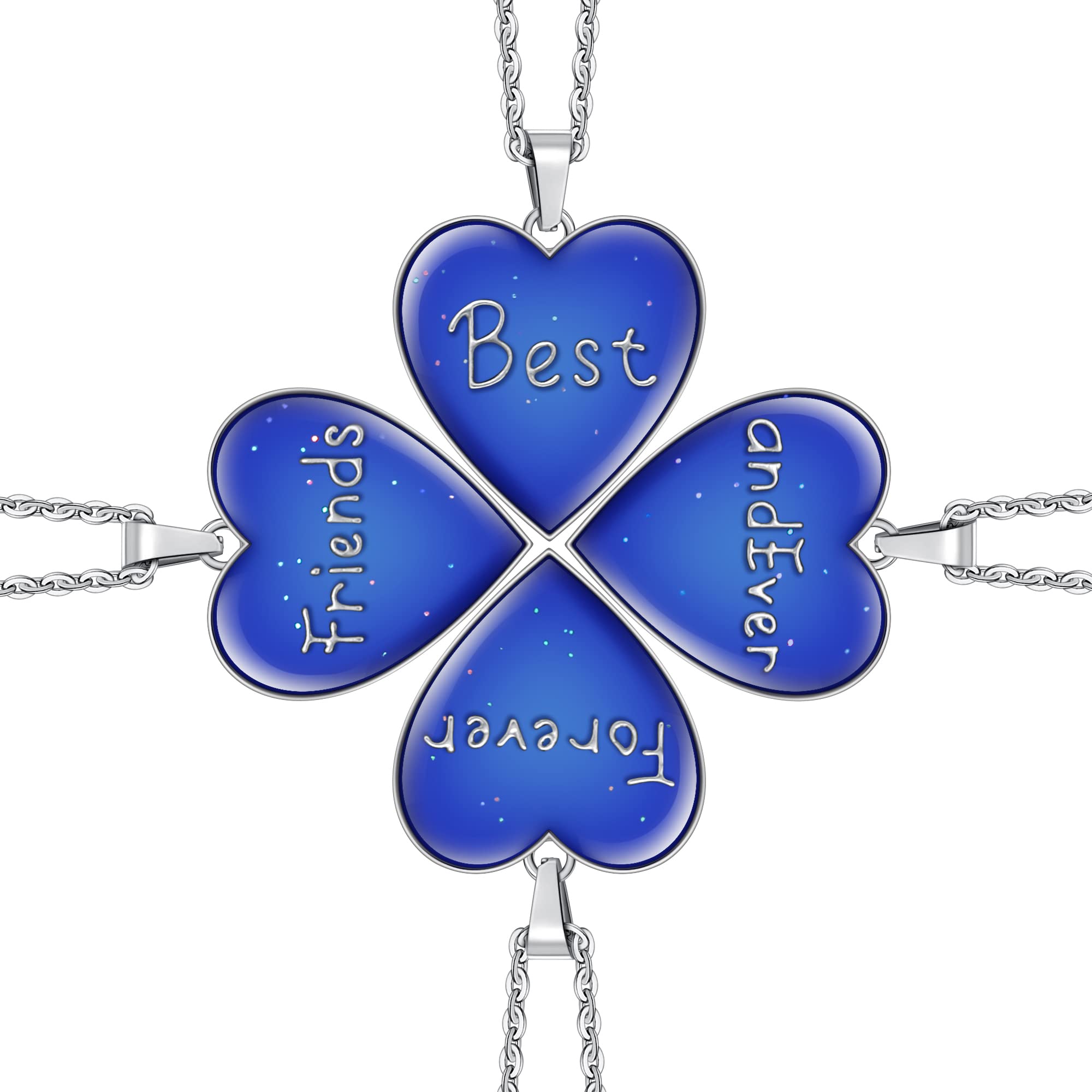 FM FM42 Temperature Sensing Color Changing Best Friends Forever and Ever 4 Leaf Clover Heart Pendant Necklace Set, Pack of 4