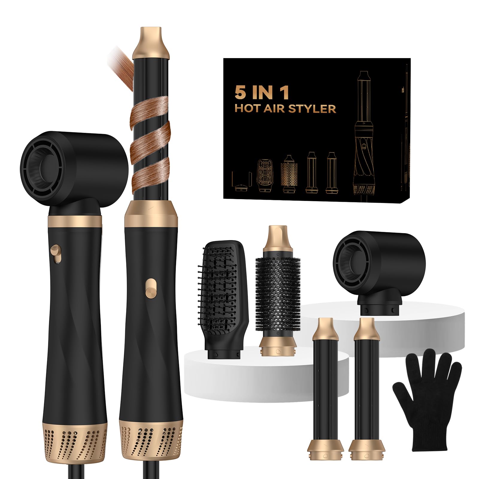 Hair Dryer Brush 5 in 1, Blow Dryer Brush Set with Air Curler Wrap Hair Styler, Negative Ionic Blow Dry Brush, Detachable Hair T