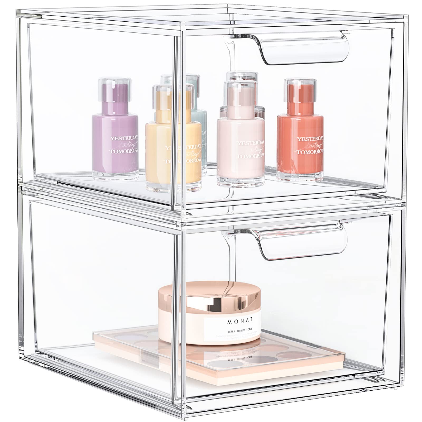 Spacehacks 2 Pack Stackable Makeup Organizer And Storage, Acrylic Organizers,Clear Plastic Storage Drawer With Handles For Vanit