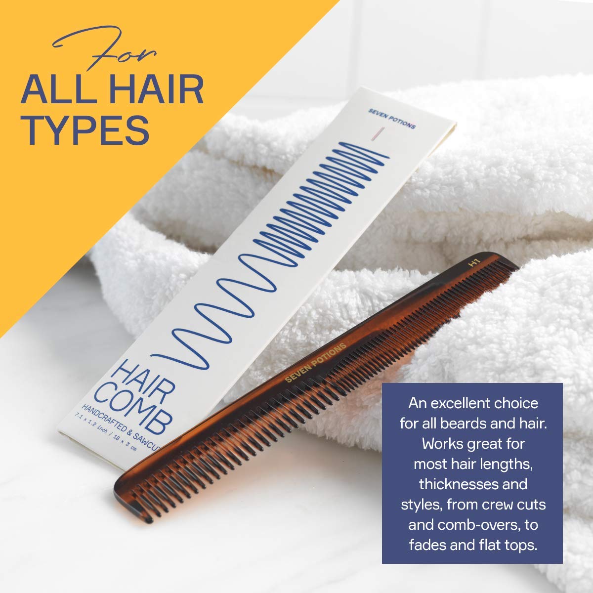 Hair Comb For Men 7.1 inch Fine and Coarse Tooth For Hair Beard And Moustache Hand Made and Sawcut (Hair Comb H1)
