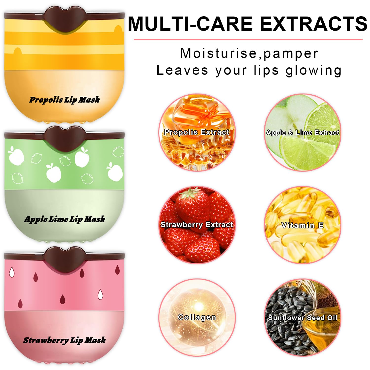 3Pcs Lip Balm Honey Pot With Stick, Honey Strawberry Apple Moisturizing And Hydrating Sleeping Lip Mask, Day And Night Repair An