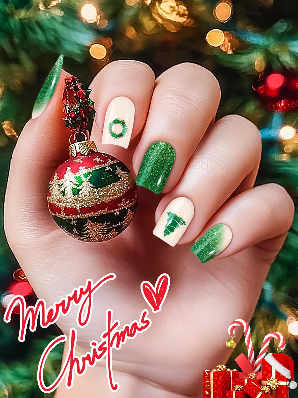 Ebanku 24Pcs Christmas Semi-Cured Gel Nail Strips, Christmas Tree Christmas Wreath Adhesive Gel Nail Art Sticker, Waterproof Gel