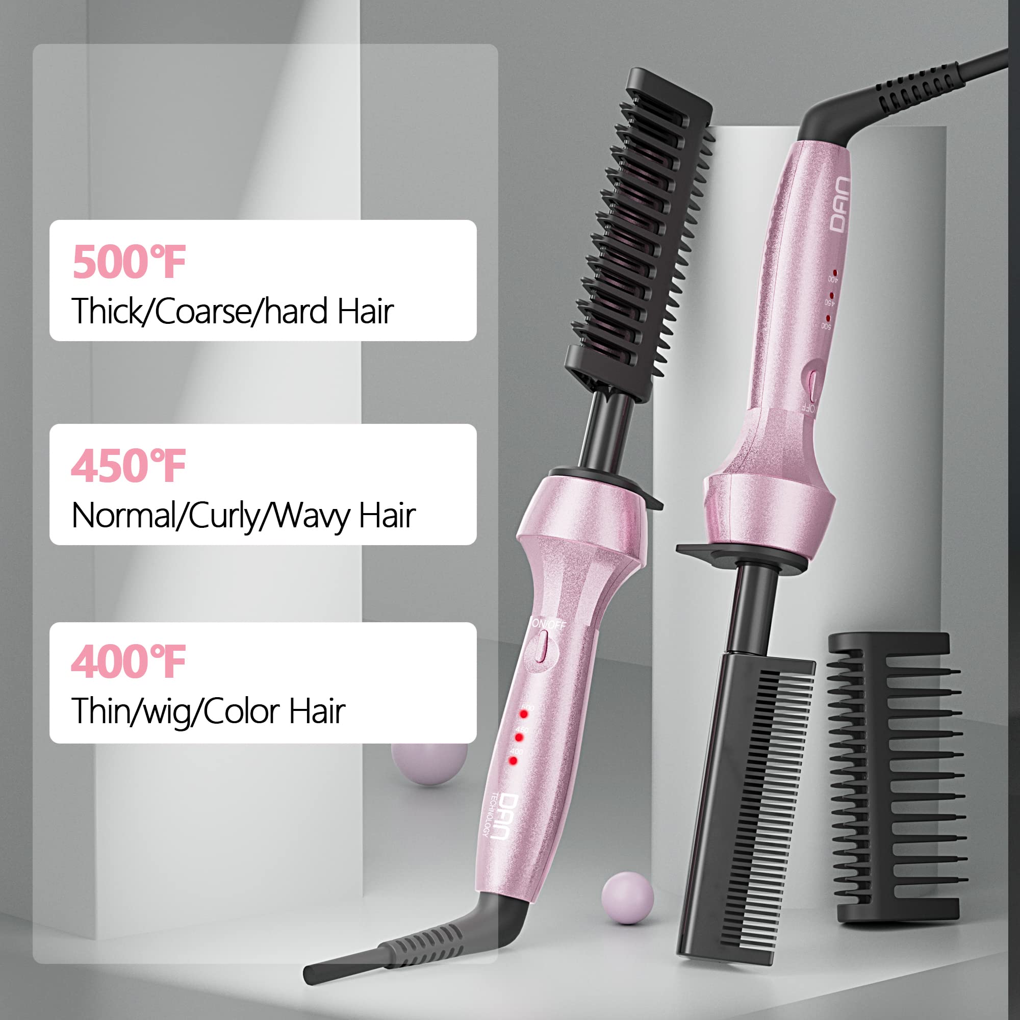 DAN Technology 500 High Heat hot Comb Hair Straightener, Pink, Adjustable Temperature, Dual Voltage, for Wigs, Professional Pres