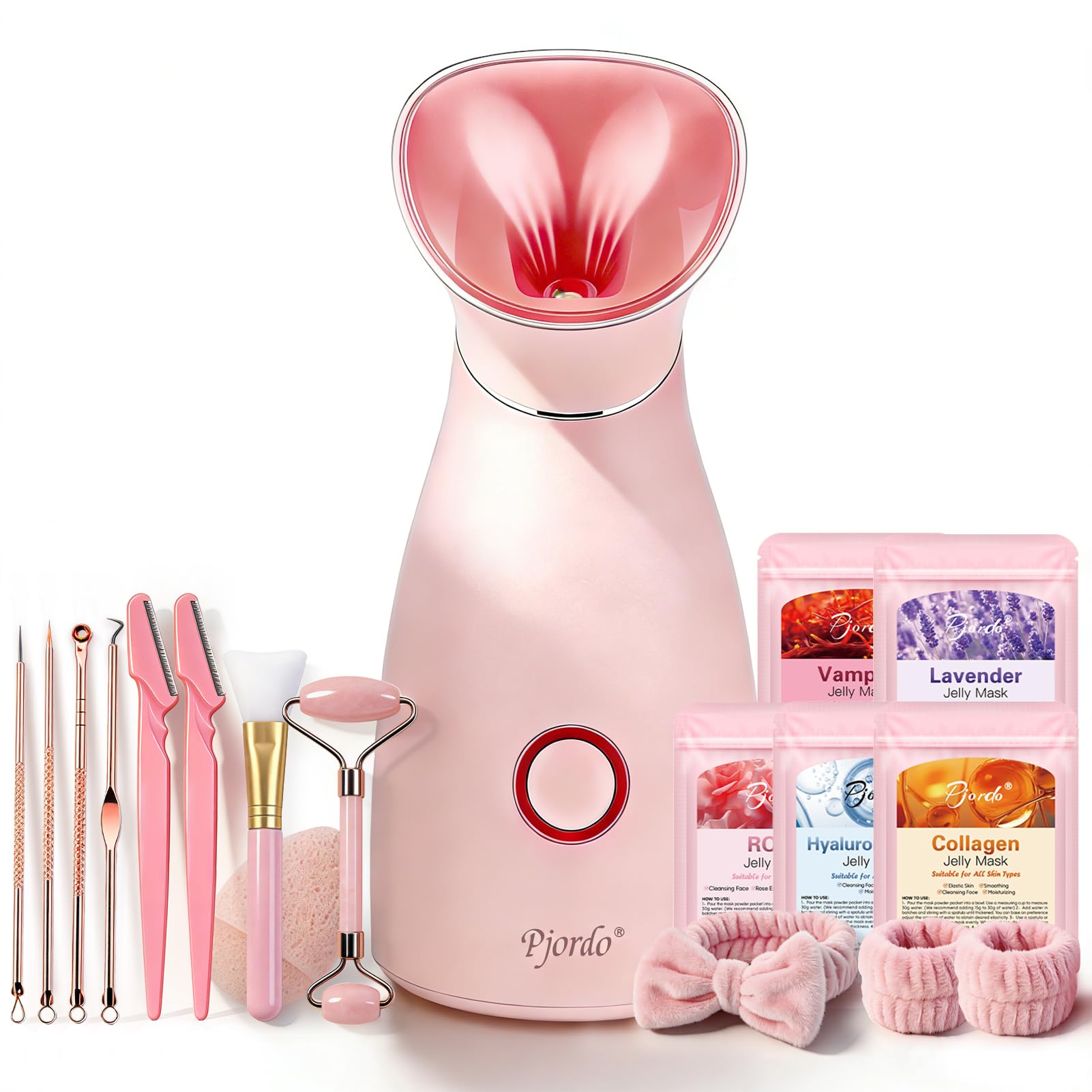 Pjordo Facial Steamer Spa Kit, 12 Skin Care Tools & 5 Jelly Mask Powder, Nano Ionic Steamer for Facial Deep Cleaning Unclog Pore