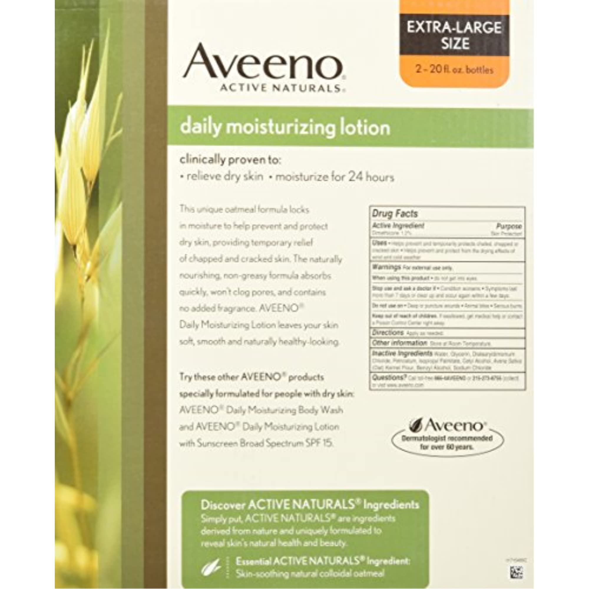 Aveeno Active Naturals Daily Moisturizing Lotion, New 2 Pack Of 20 Fl Ounce Pump, 1 Fl Ounce