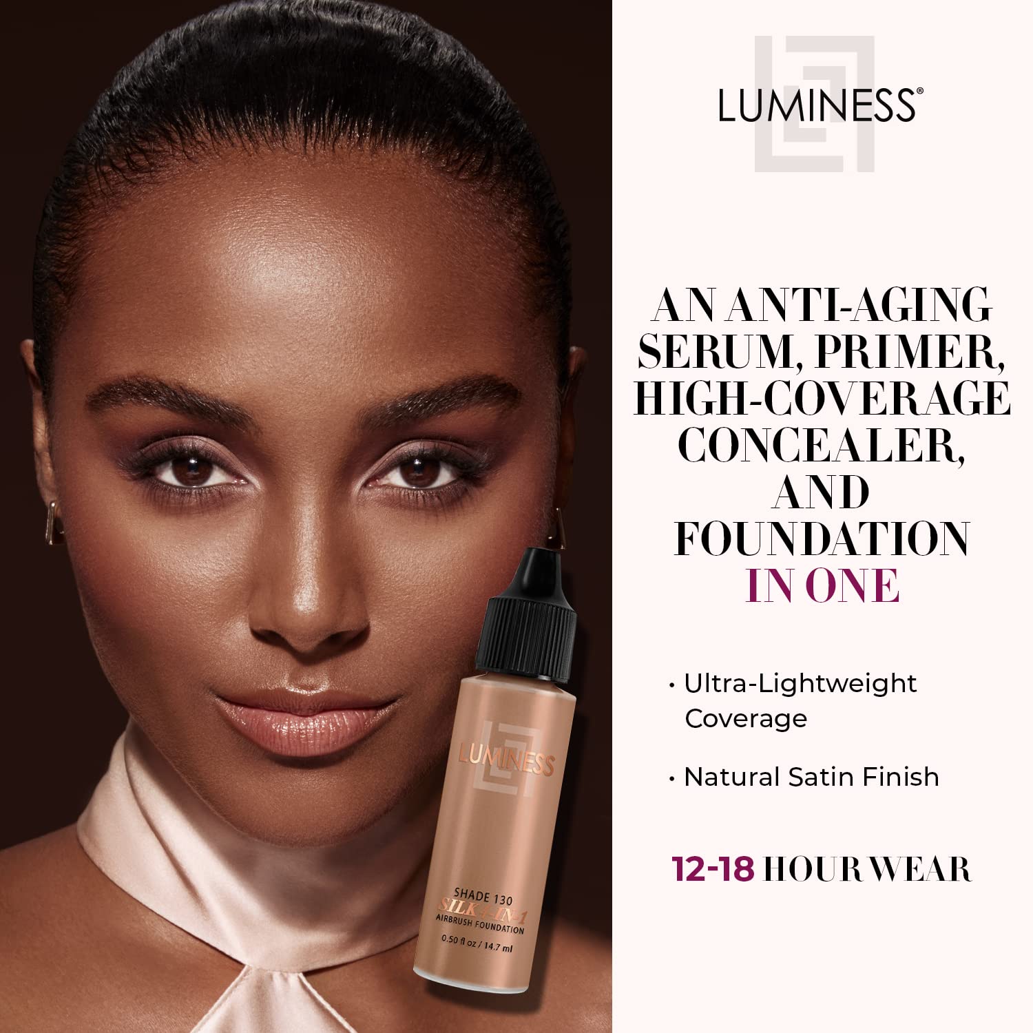Luminess Air Silk 4-In-1 Airbrush Foundation- Foundation, Shade 130 (.5 Fl Oz) - Sheer to Medium Coverage - Anti-Aging Formula H