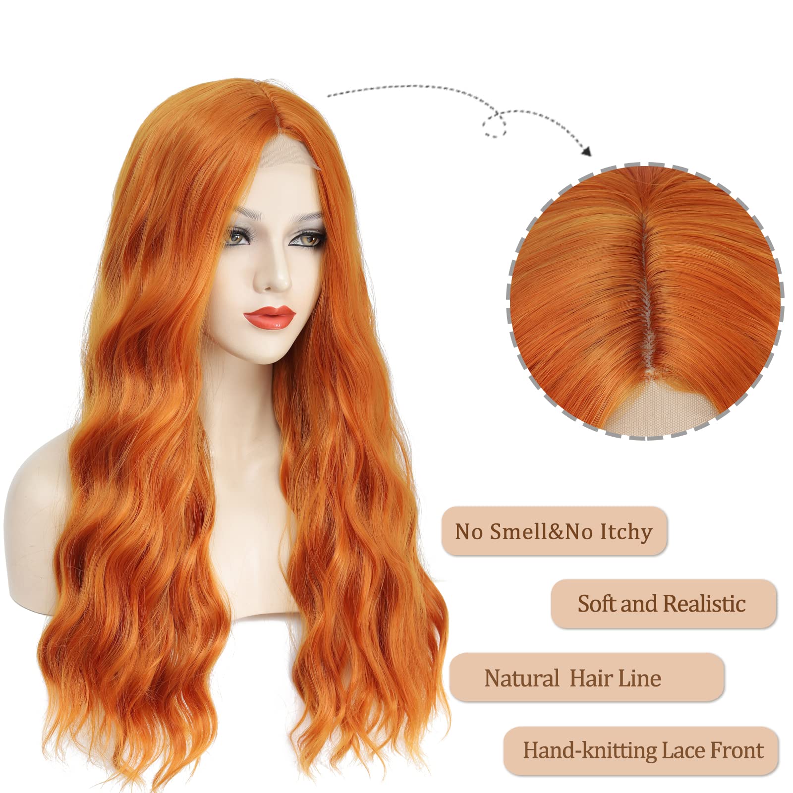 Ybymcai Long Orange Wavy Wigs For Women Middle Part 26 Inch Natural Curly Synthetic Wig Heat Resistant Fiber Wigs For Daily Part