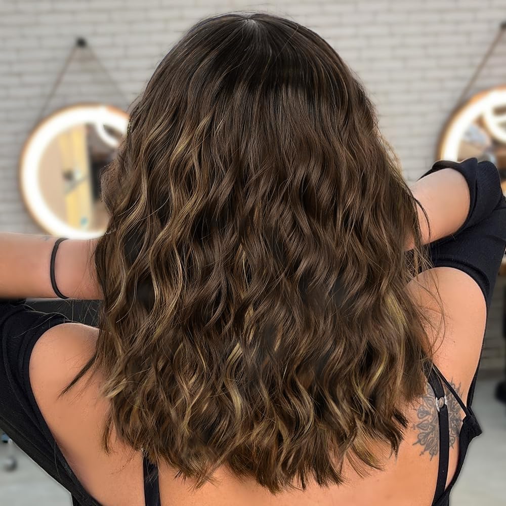 AISI HAIR Synthetic Curly Bob Wig with Bangs Natural Brown with Blonde Highlight Short Wavy Bob Hair Wigs for Women Natural Look