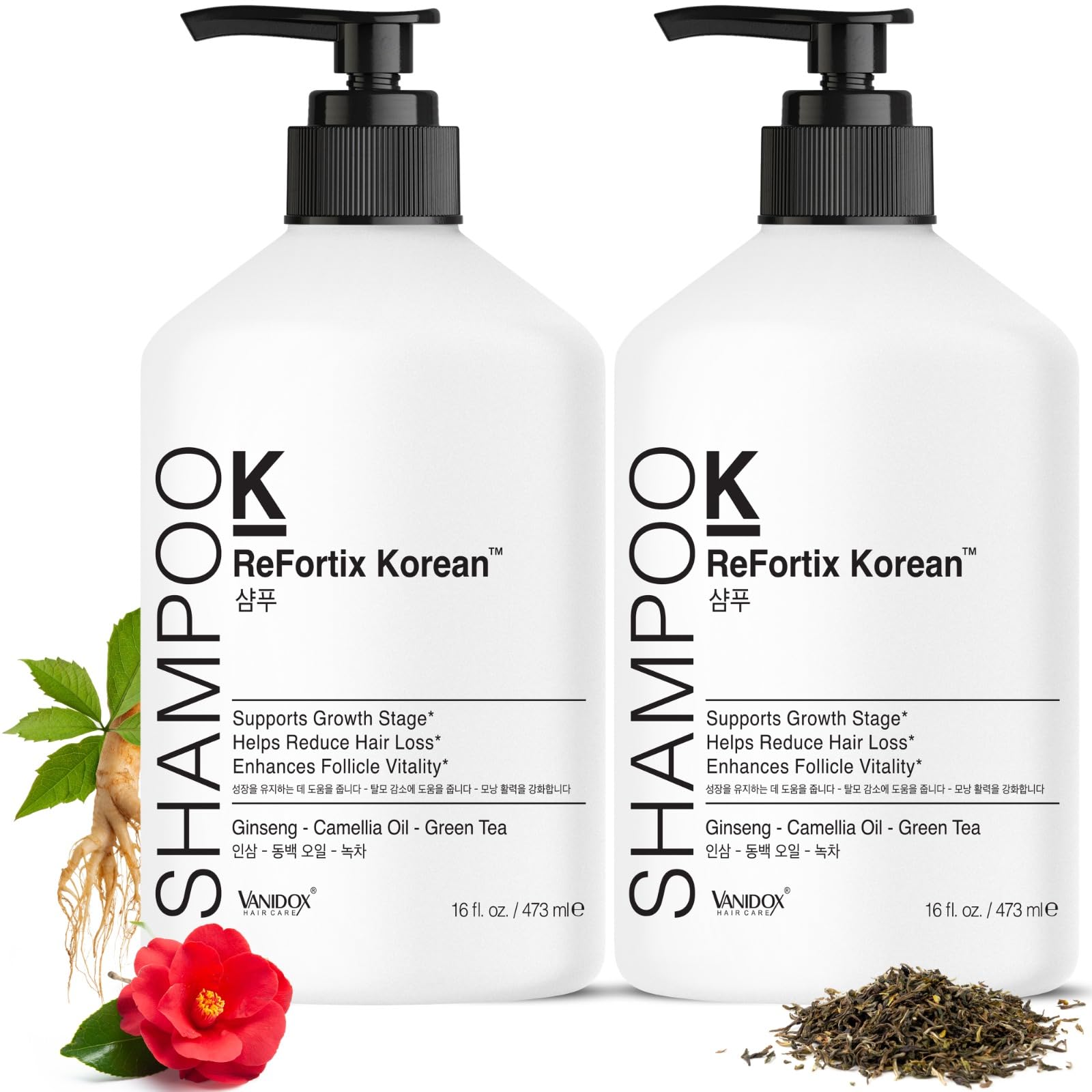 Vanidox Refortix Korean Shampoo And Conditioner Set, Enriched With Ginseng, Green Tea, And Camellia Oil, Supports Growth Stage A