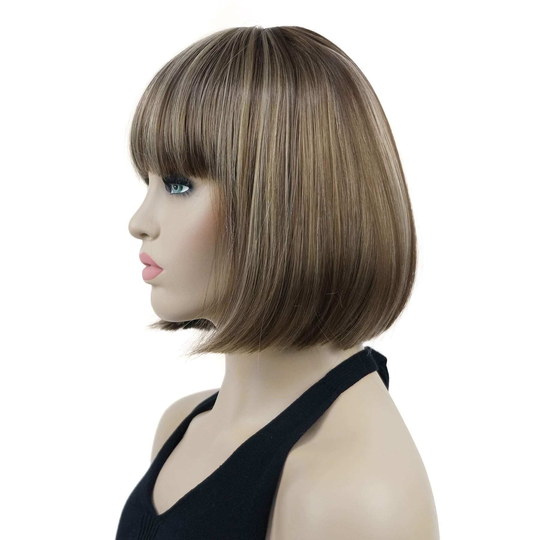 Lydell 8'' Straight Short Bob Hair Flat Bangs Cute Central Dot Skin Top Heat Resistant Synthetic Wigs (Ab607)