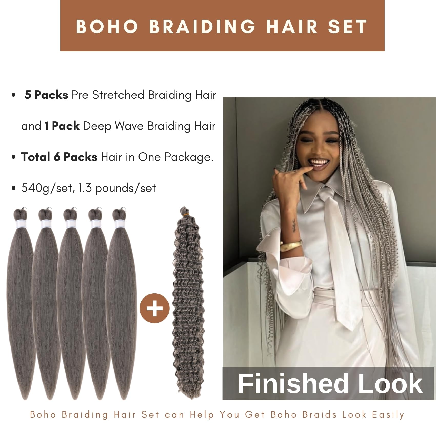 Dark Grey Braiding Hair Pre Stretched Knotless Braiding Hair for Boho Braids(6 Packs)