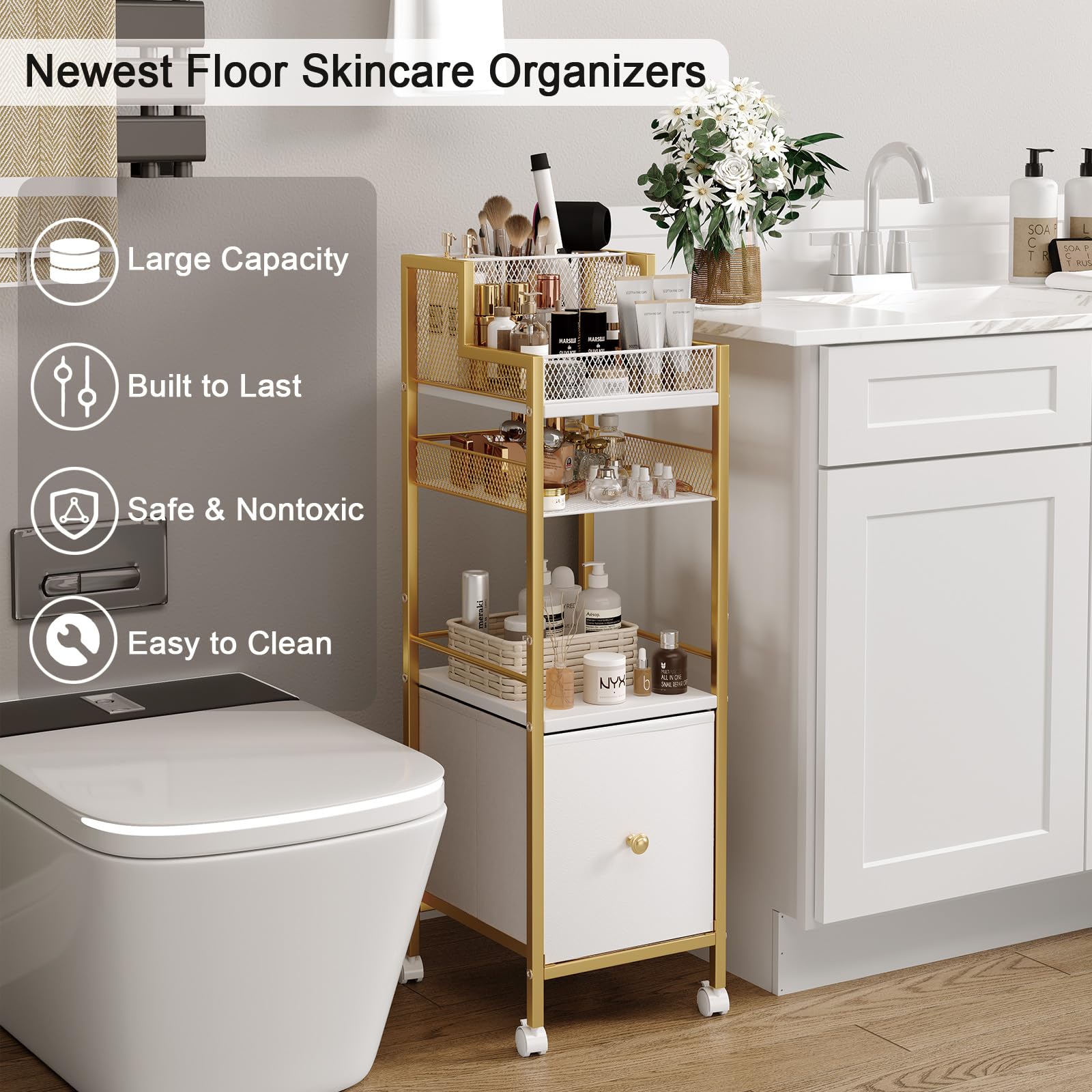 Makeup Organizer Storage Cart with Drawers, Large Floor Makeup Skincare Organizers, Rolling Makeup Cart Vanity Organizer Cosmeti