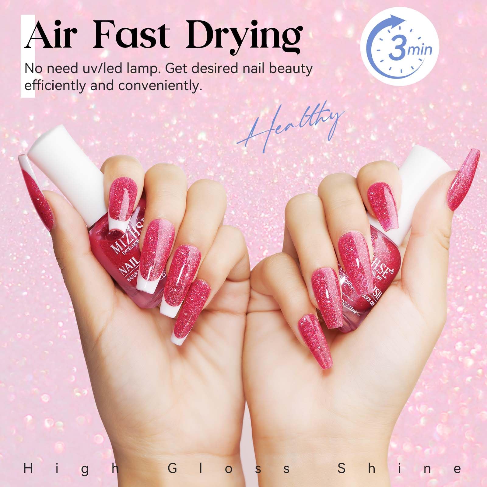 Mizhse Quick Dry Nail Polish, Shimmery Hot Pink Nail Polish Air Dry Fast, 15Ml/0.5 Fl Oz Regular Sparkle Shiny Water-Based Glitt