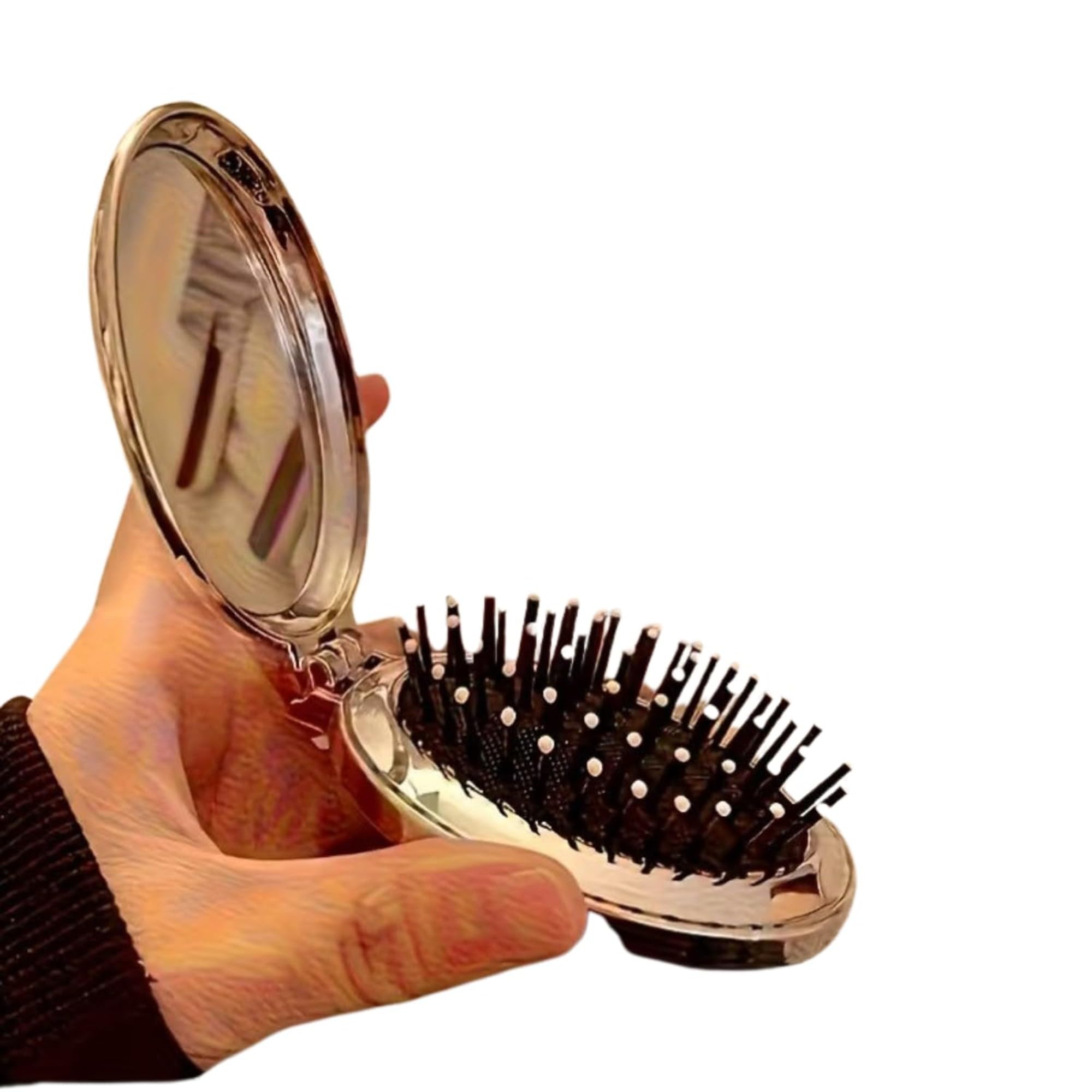Melana Foldable Hair Brush With Mirror, Silver Compact Pocket Hairbrush, Portable Travel Detangling Comb For Women Girls Kids, M