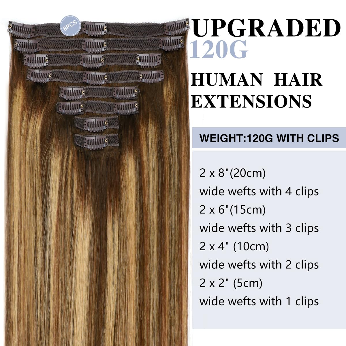 Pobokix Balayage Clip In Hair Extensions Real Human Hair Straight Human Hair Clip Ins For Women, Natural Soft Remy Human Hair, 8